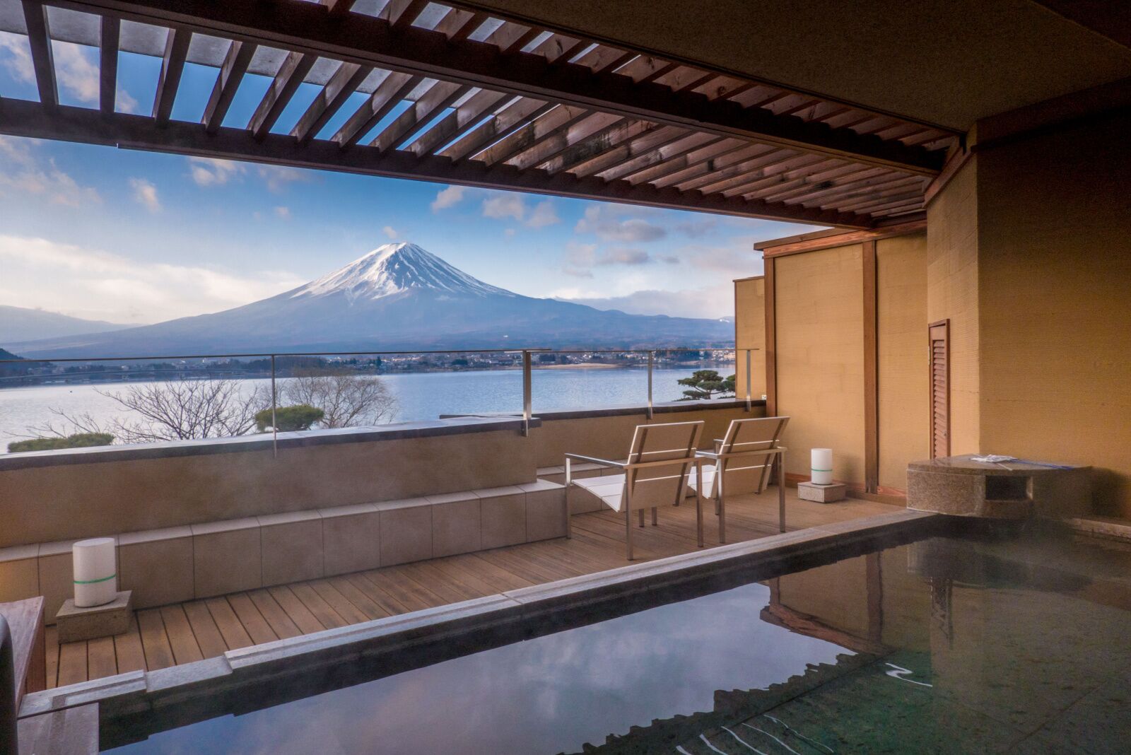 View of mount fuji from a pool - what to wear 