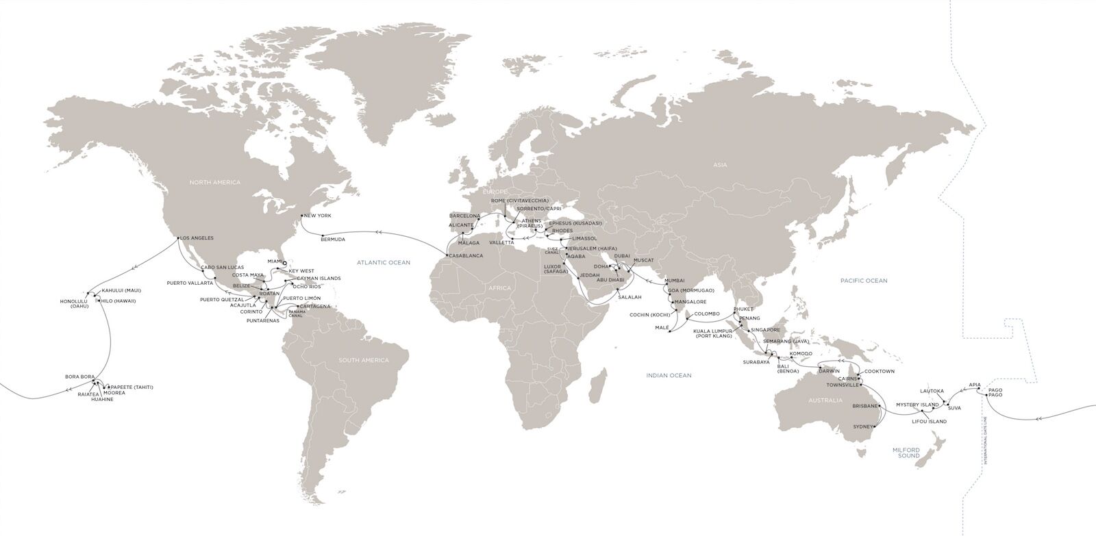Itinerary of the 2027 Regent Seven Sea Cruises' world cruise