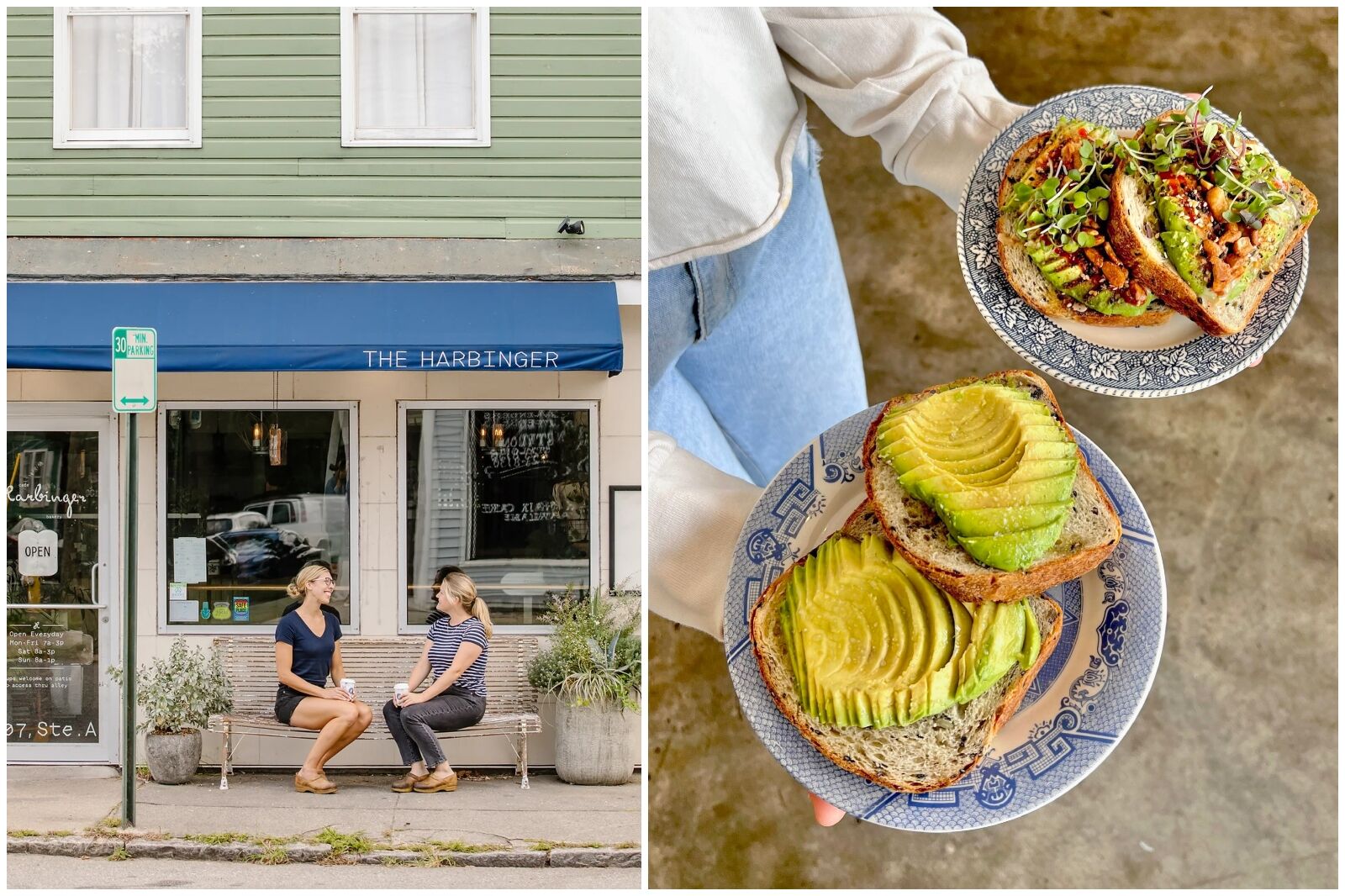 Images of outside and food at The Harbinger Cafe one of the best places for brunch in Charleston 