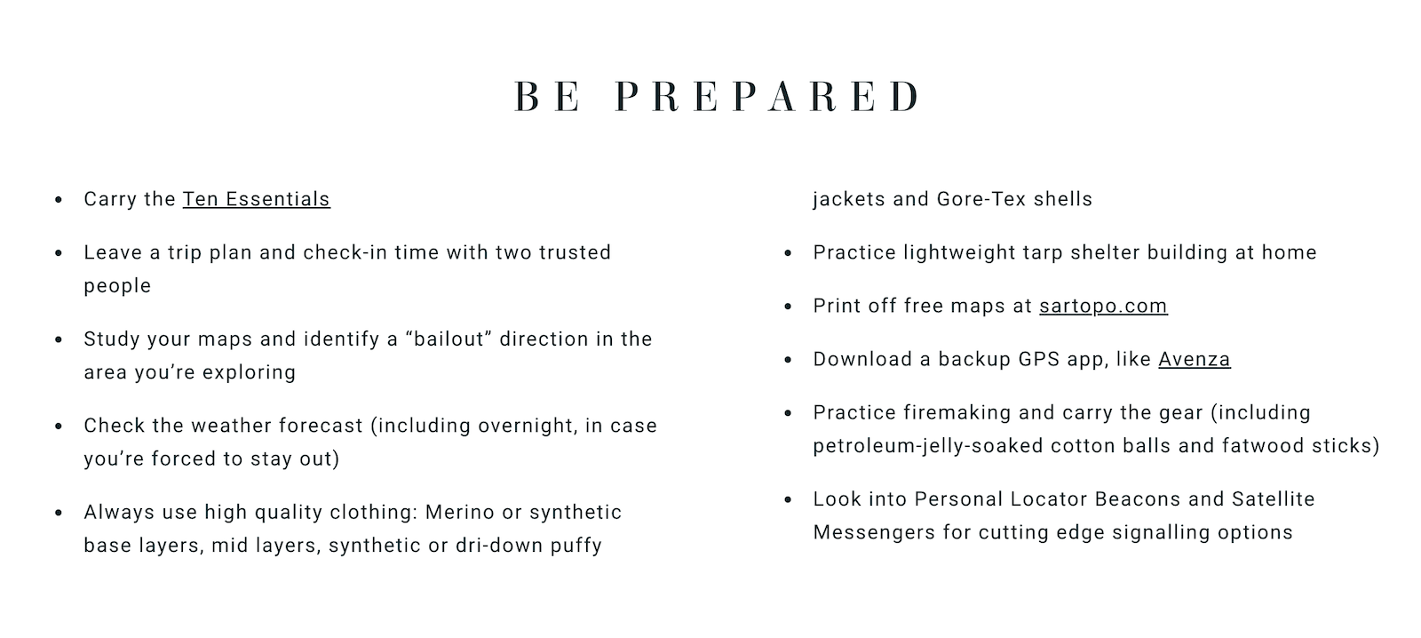 how to survive in the woods - be prepared checklist