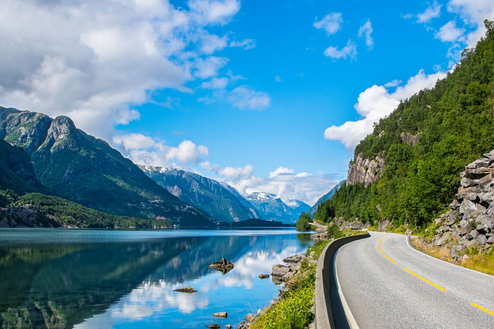 Norway road with fjord one of the best countries for a road trip