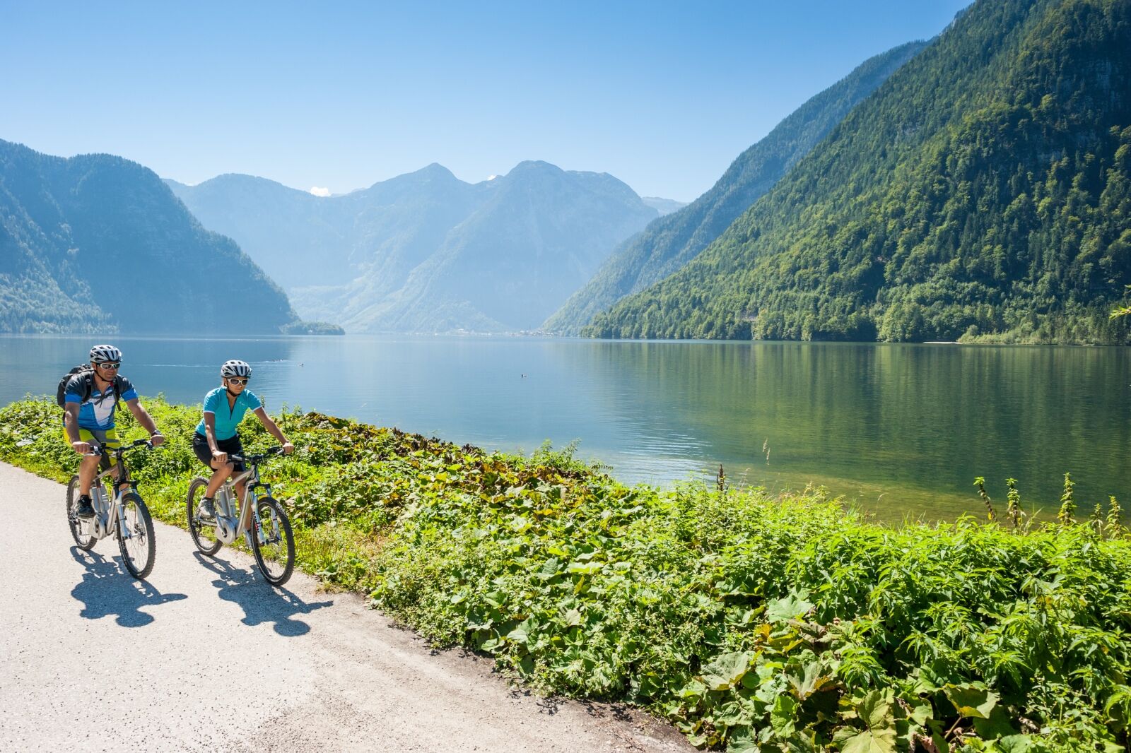 People on bikes at Lake Atter (Attersee) in Austria one of the best lakes in Europe