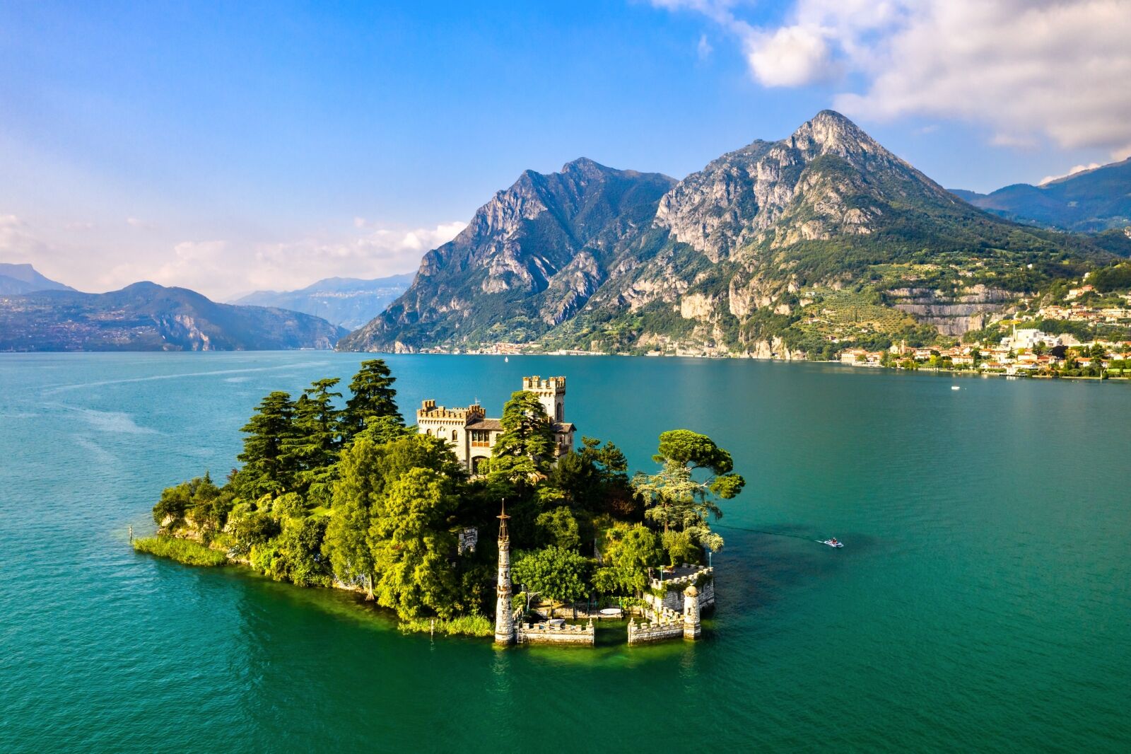 Aerial view of Loreto Island with the castle on Lake Iseo in Northern Italy one of the best lakes in Europe 
