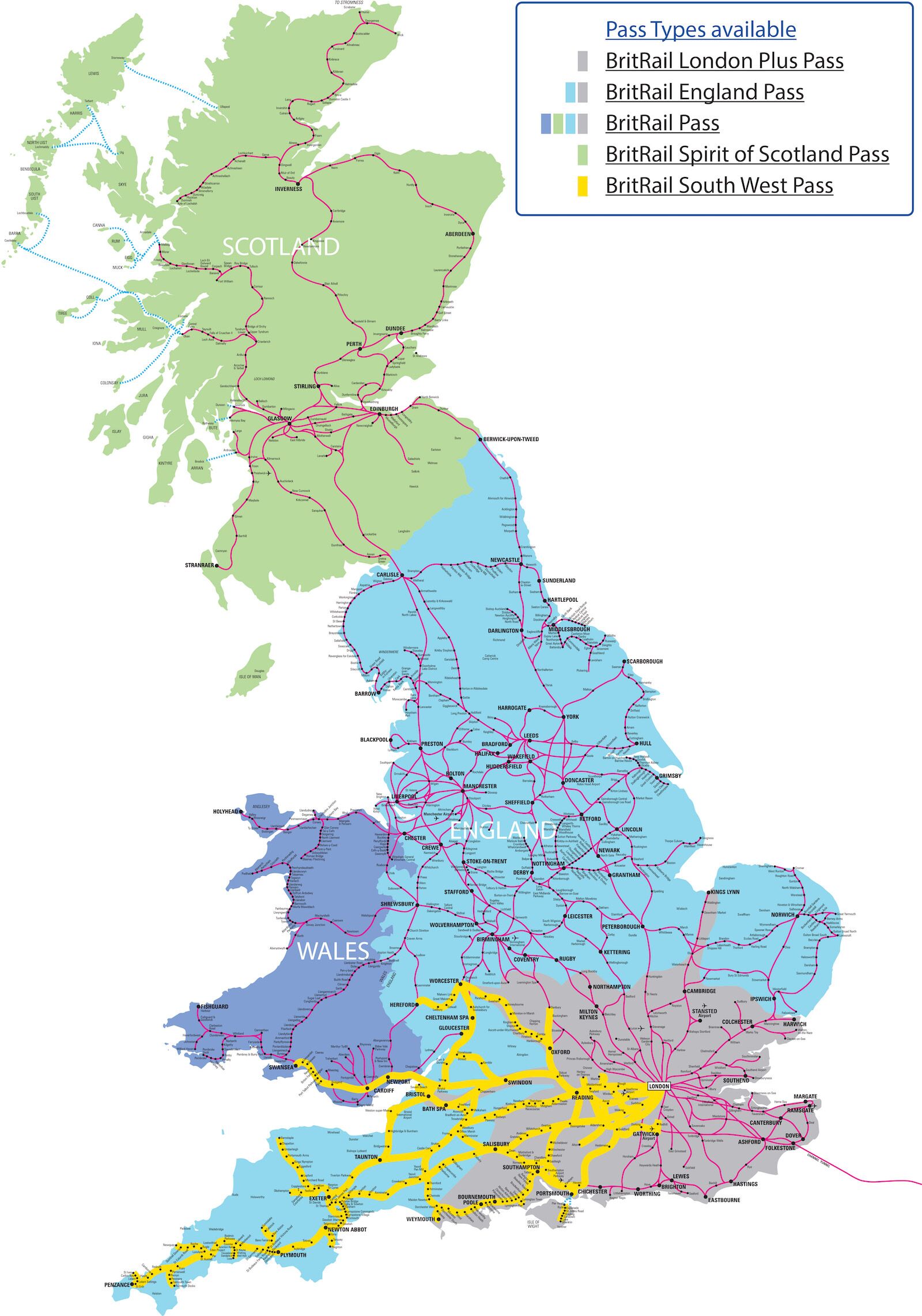 Rail network covered by the various BritRail Passes