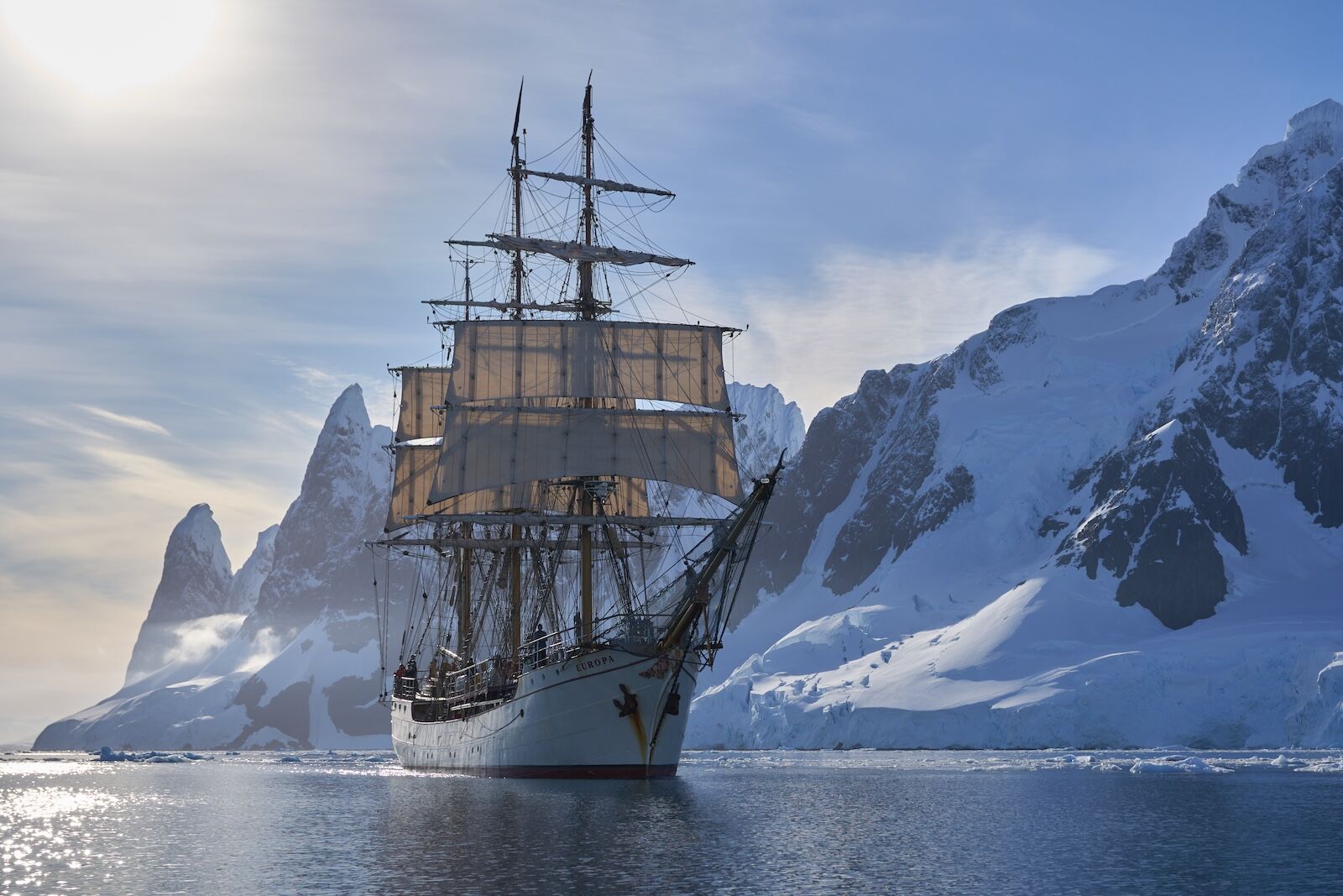Three-masted tall ship Bar Europa in Antarctica