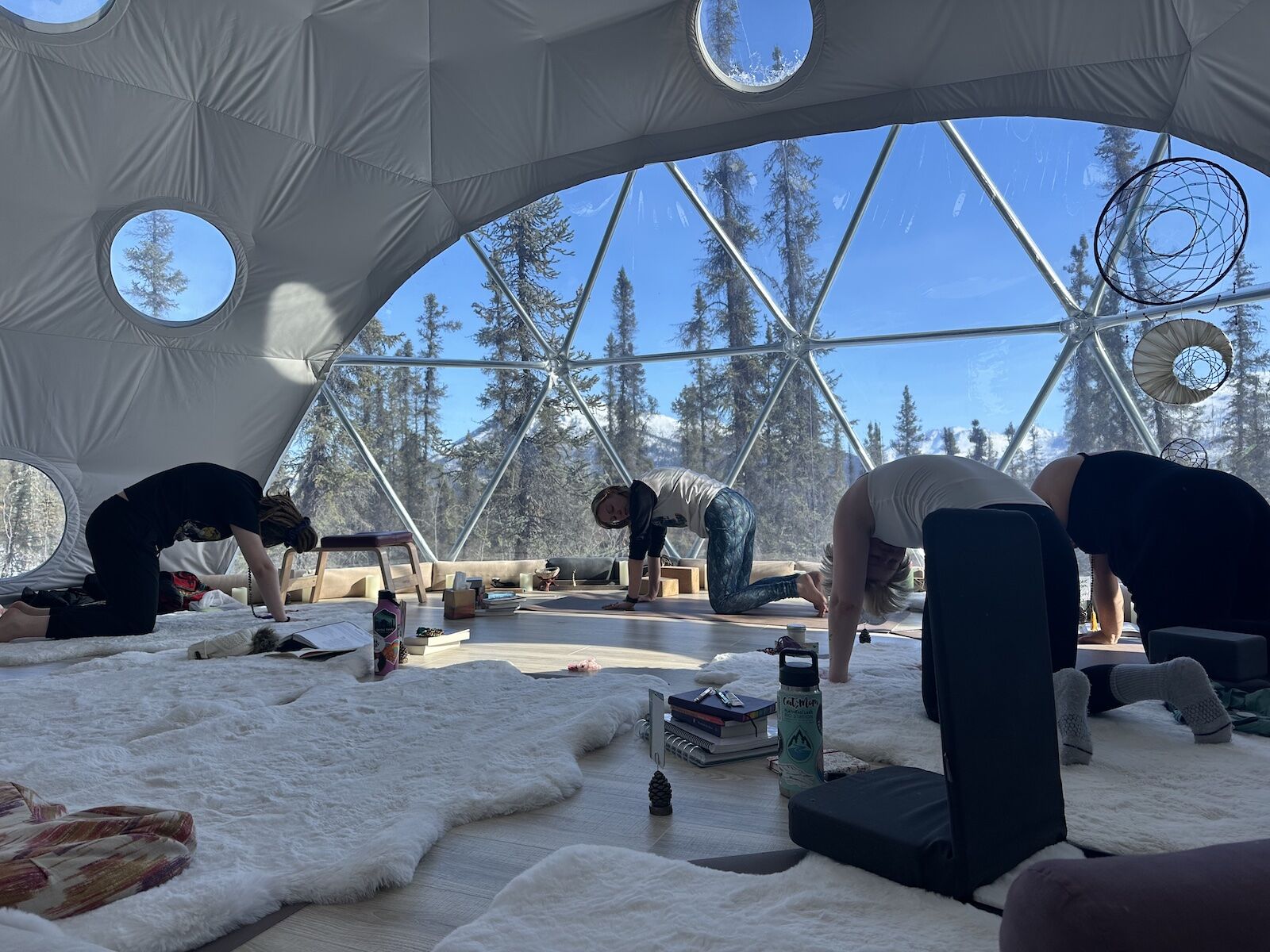 yoga class in geodesic dome