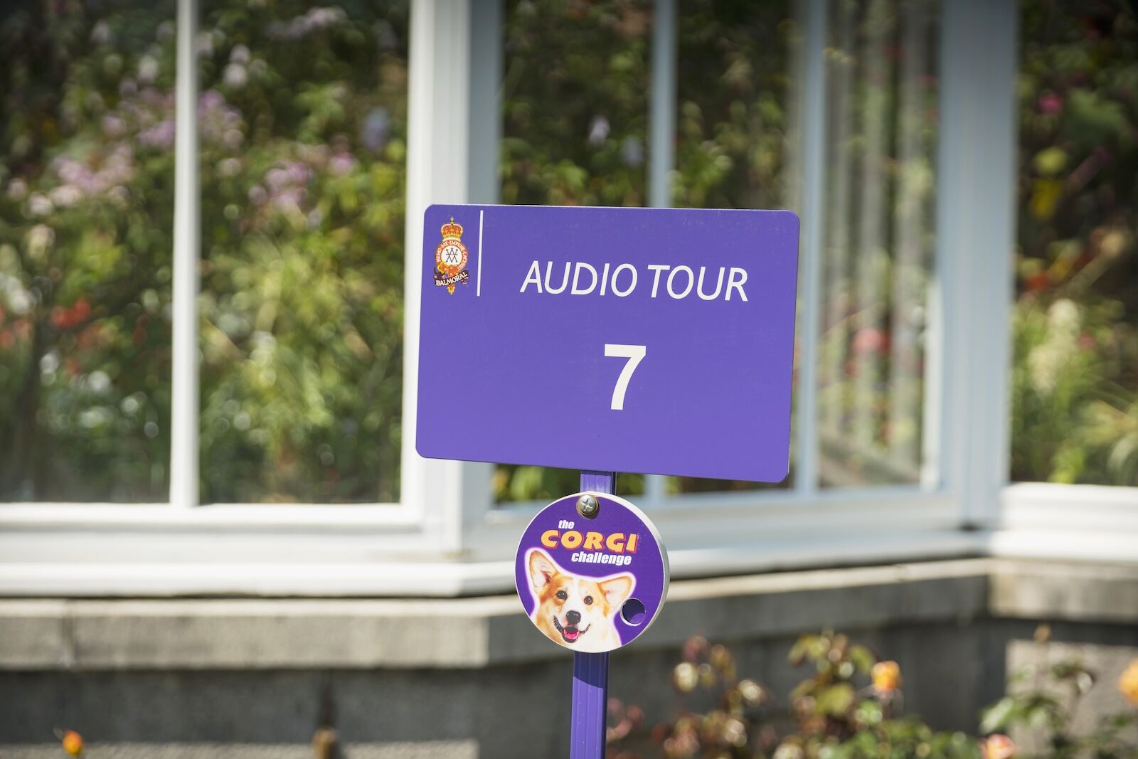 Signage for the audio tour at Balmoral Castle - A Royal residence since 1852 on the south side of the River Dee, East of Braemar.