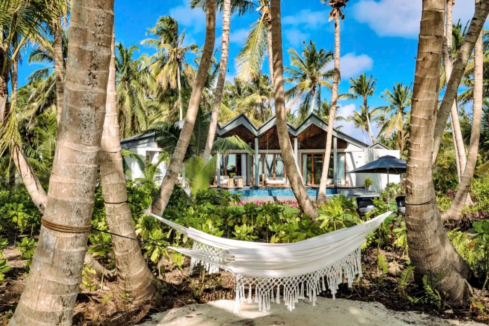 Hammock outside of villa at Waldorf Astoria Seychelles Platte Island in the Seychelles a new hotel for 2024