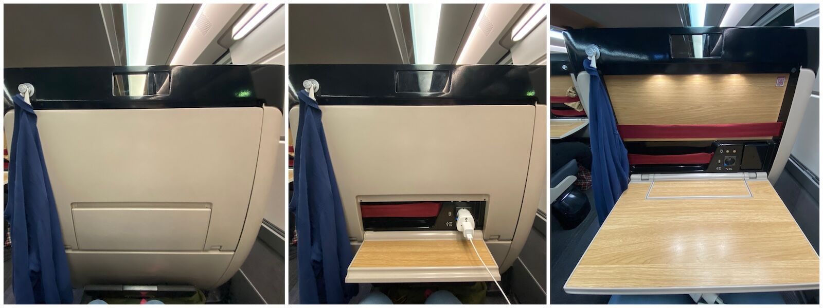 The last high-speed train of the trip, a very recent TGV, with its great tray table.