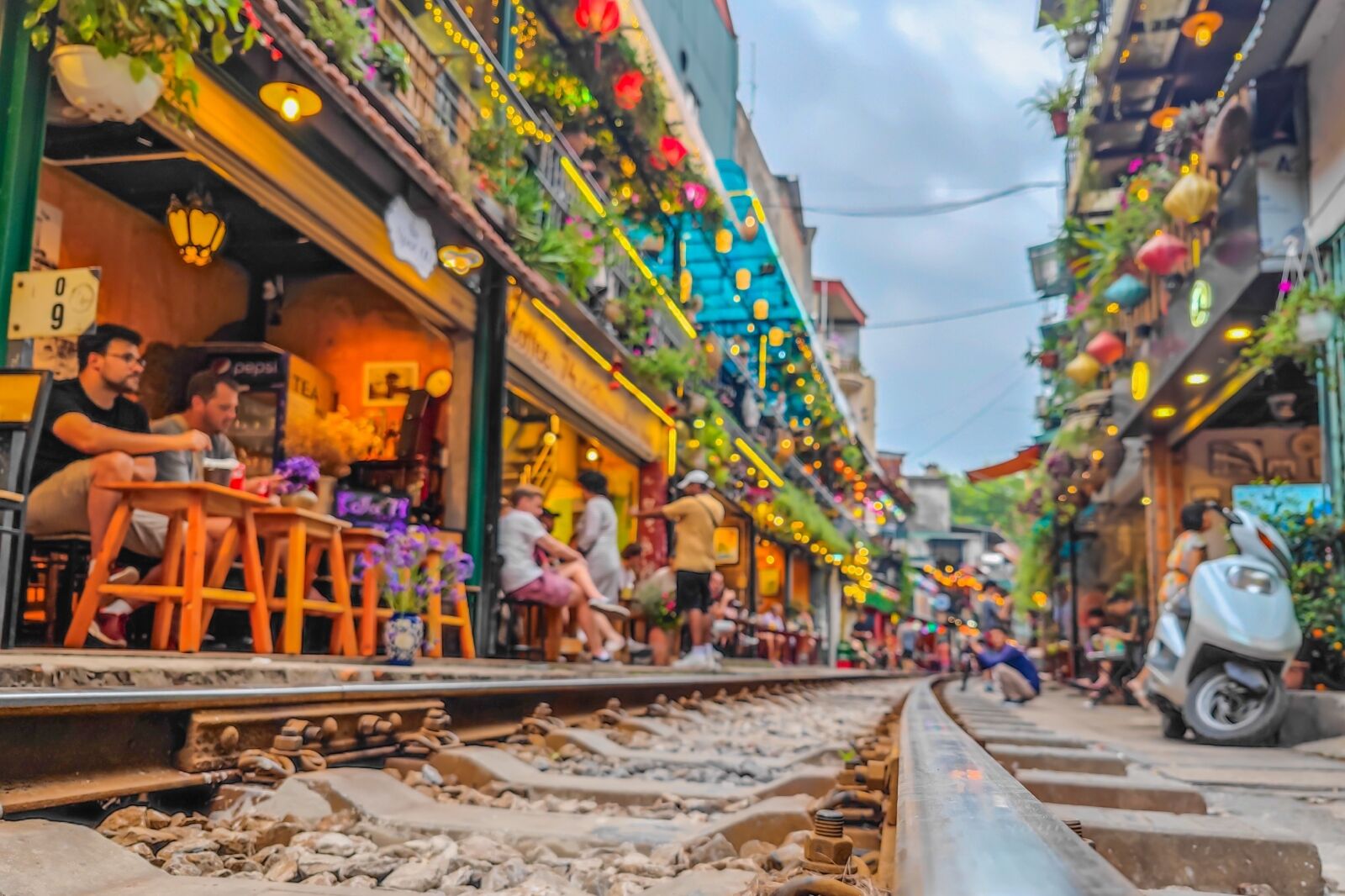 Empty Hanoi train street in Vietnam. A narrow street of the Hanoi Old Quarter where trains passing through the houses.