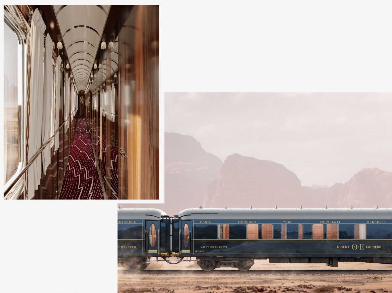 Renderings of the new Orient Express train to be launched in 2027