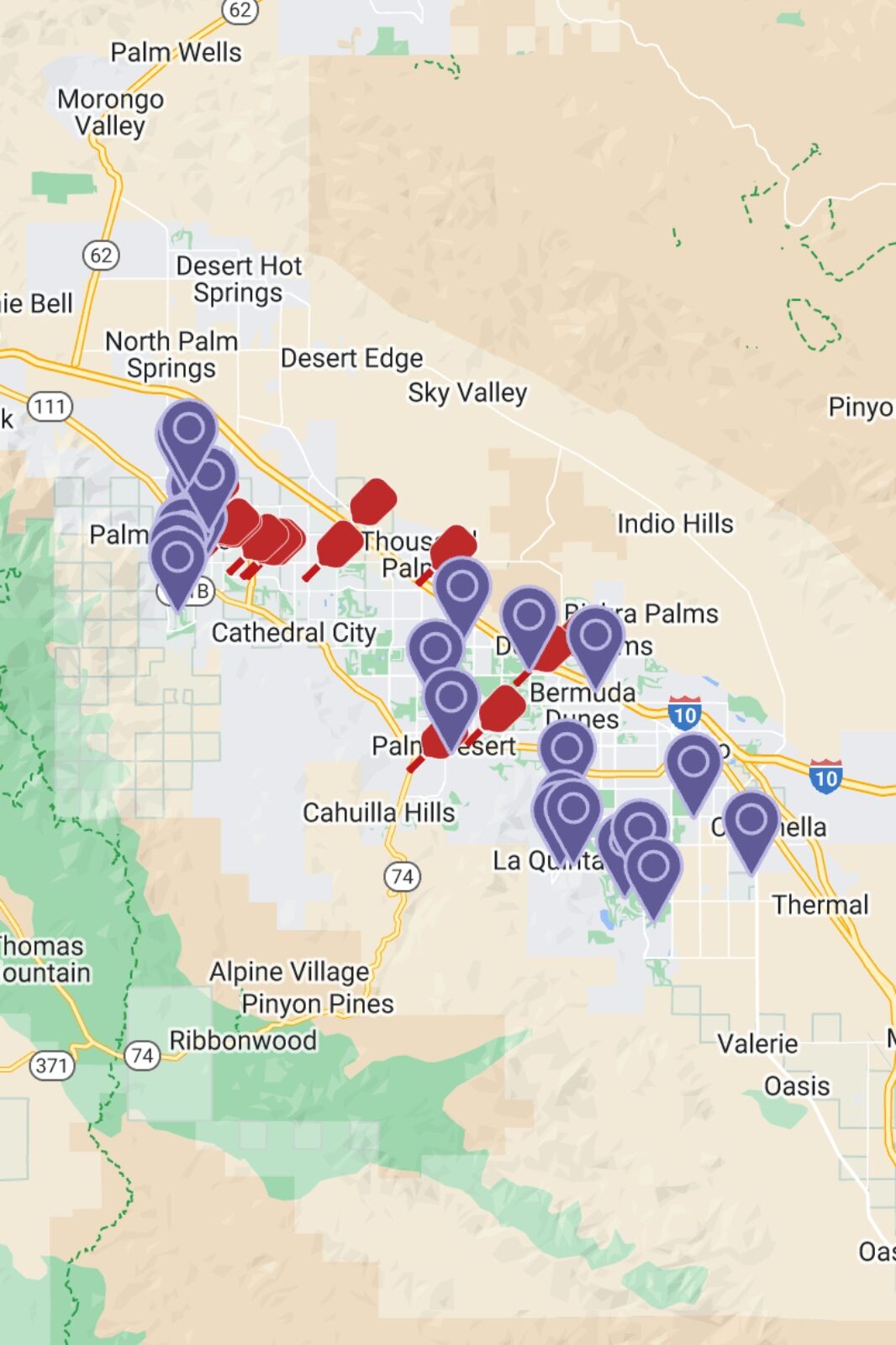 Screen shot from Pickle Trip map of area with pickleball courts and hotels 