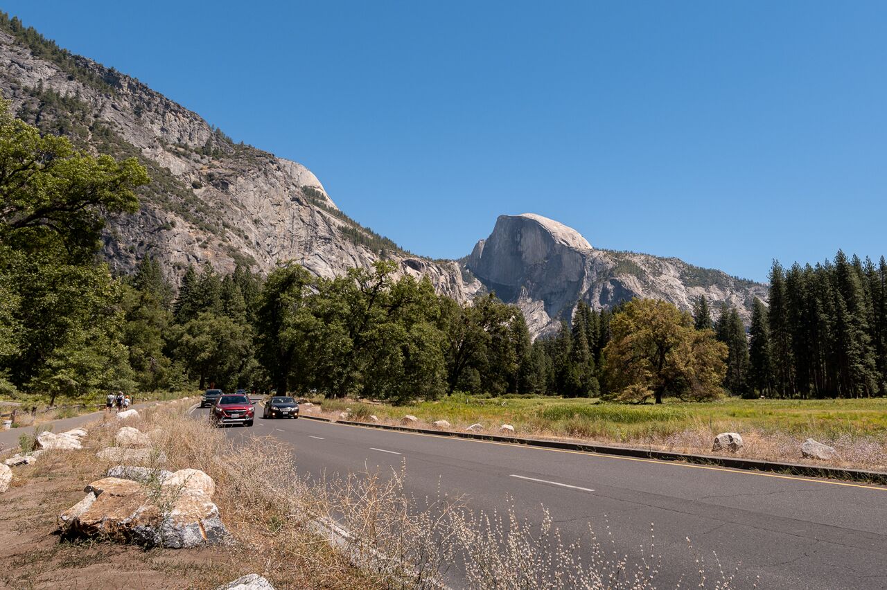 unobstructed view of half dome from yosemite valley roadside