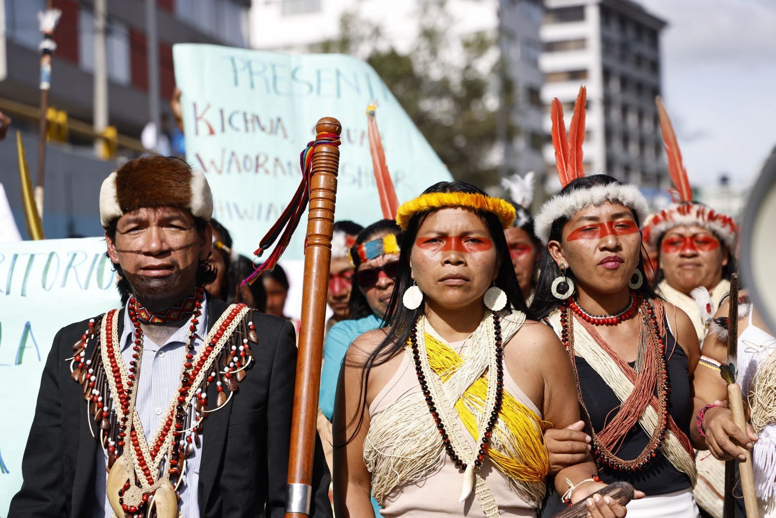 Waorani protestors marching