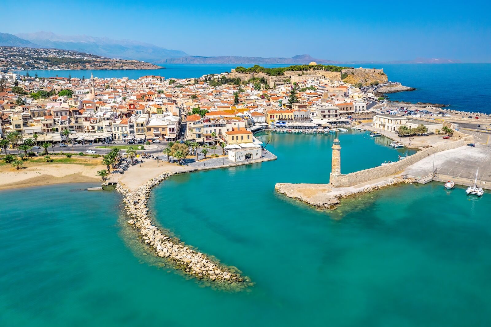 Rethymno city at Crete island in Greece. Aerial view of the old venetian harbor and Venetian Fortezza Castle