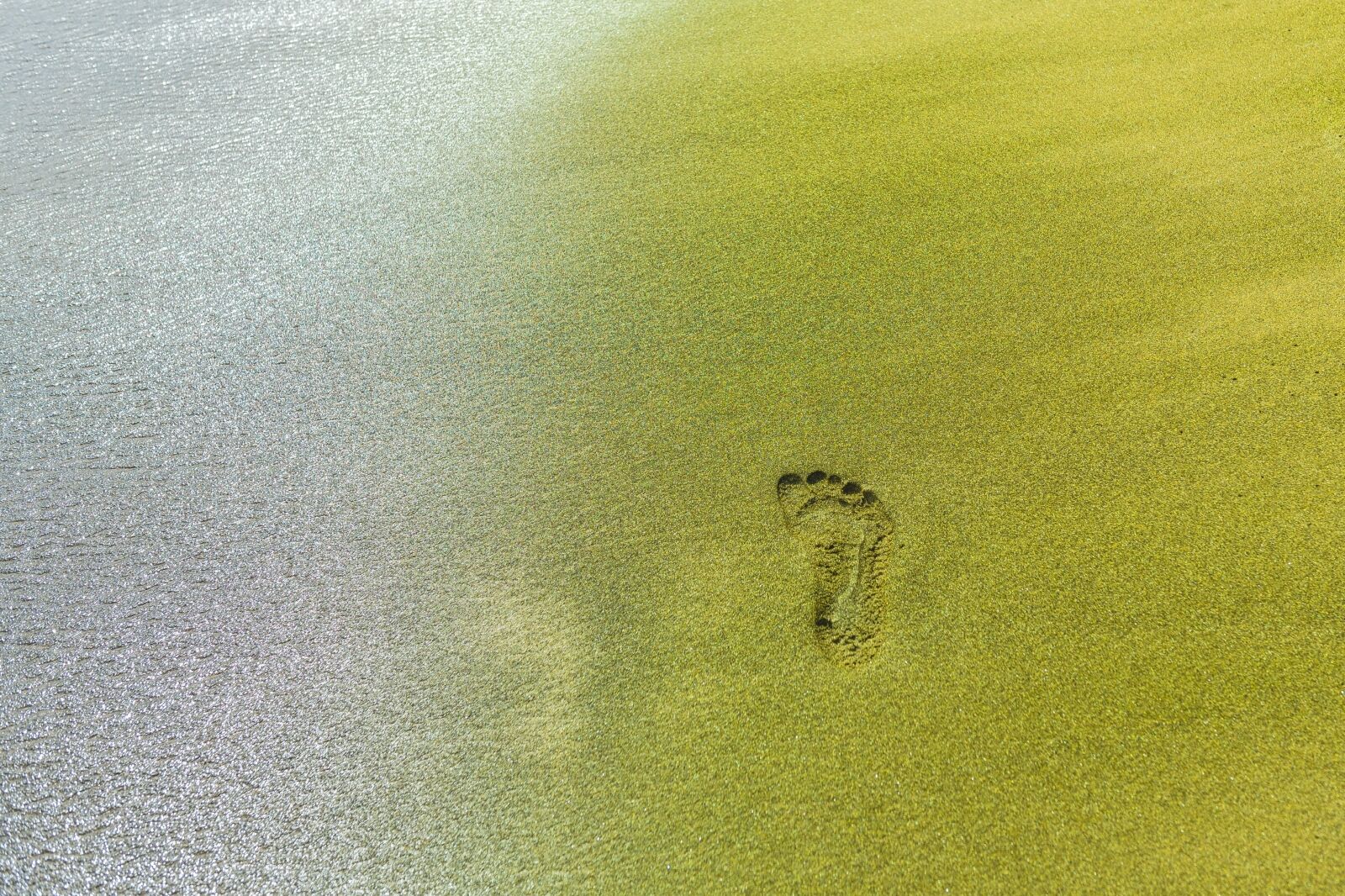 Foodstep on green sand at Papakolea green sand beach in the big island of Hawaii, USA.