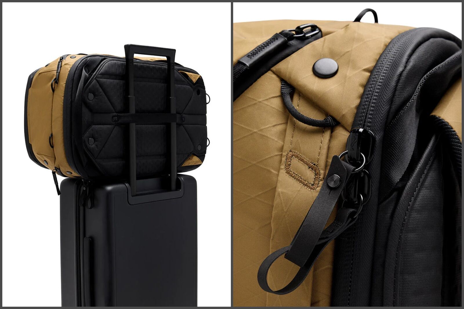 Peak Designs Travel Backpack on suitcase and detail of pack 
