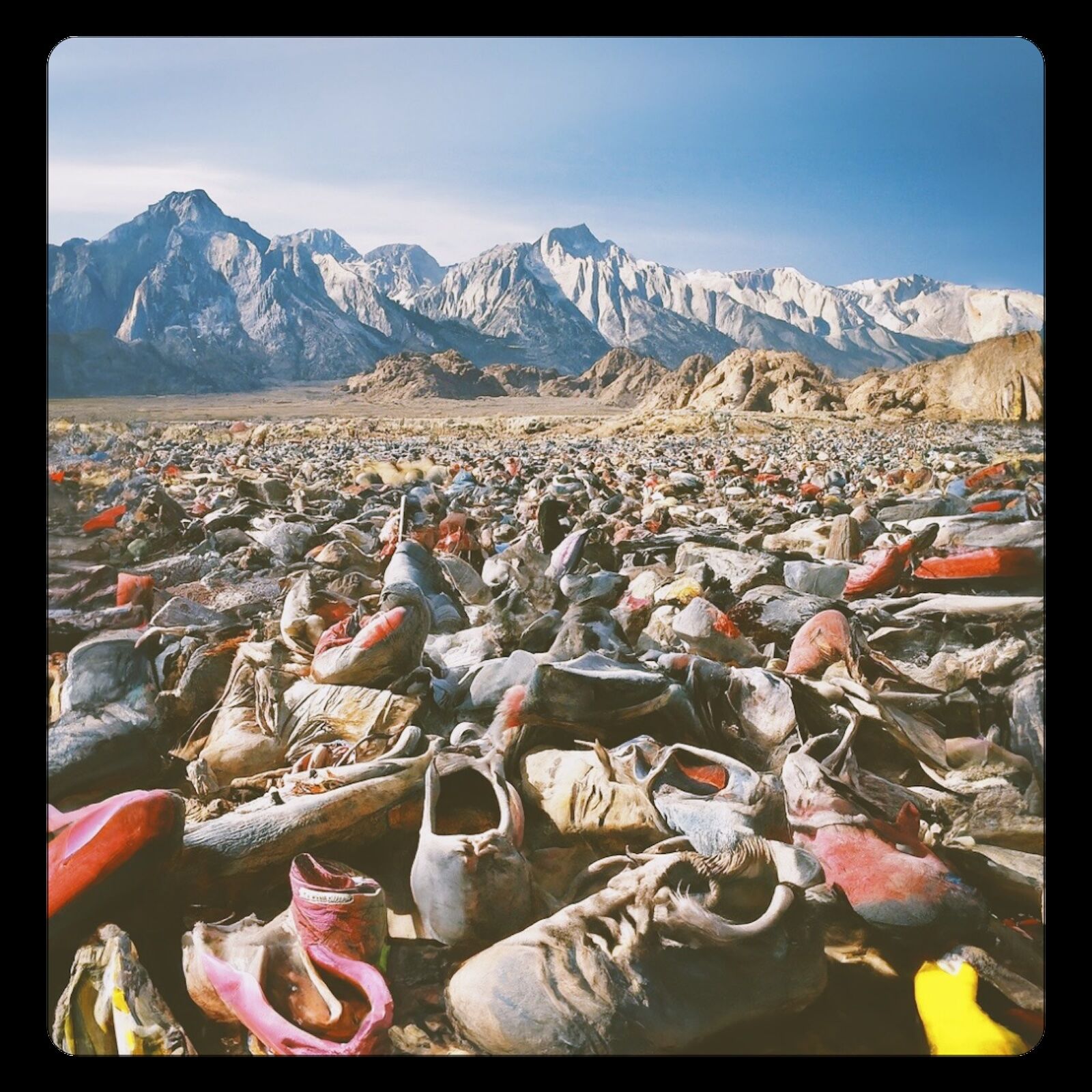 climbing shoes with mountains in background