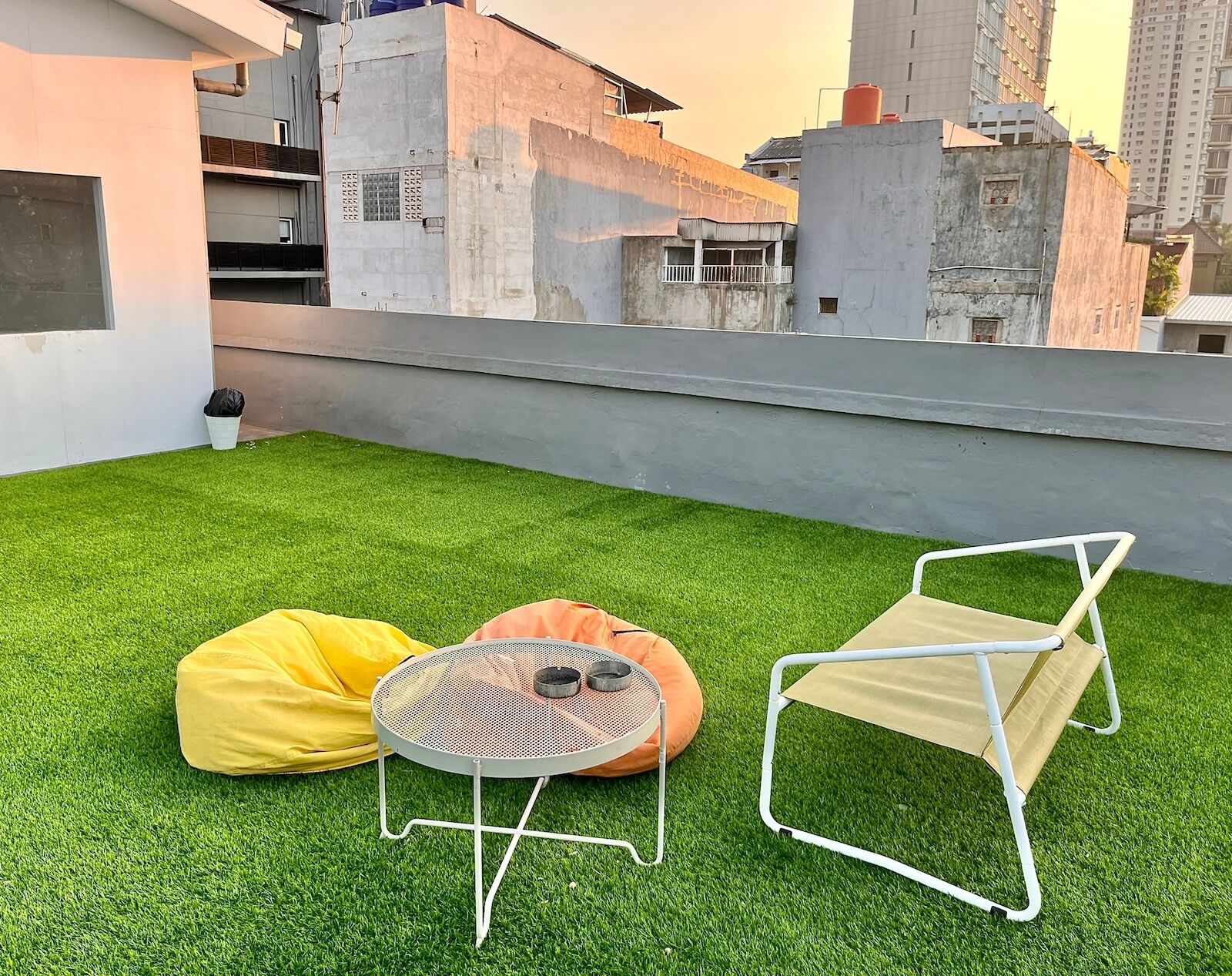 rooftop patio with bean bags and chair