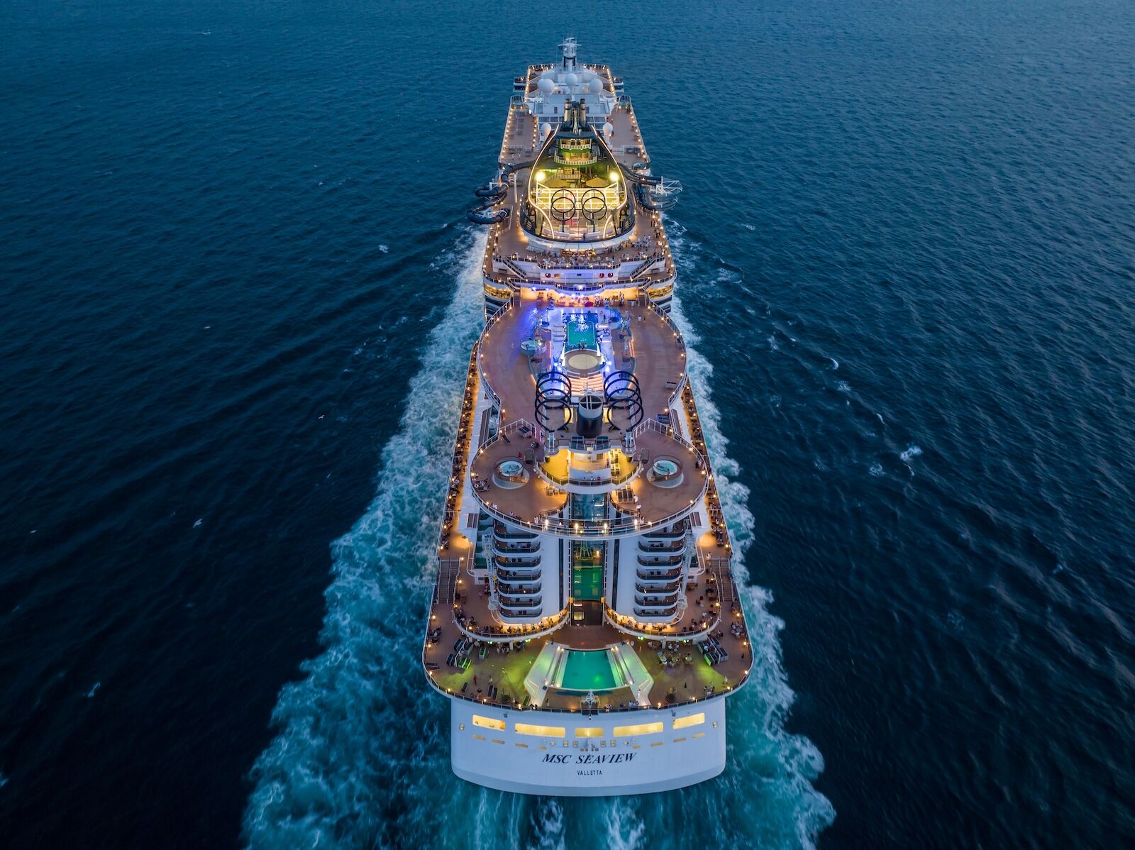 Naples, Italy - August 9, 2022 :  MSC Seaside cruise ship  is a Seaside-class cruise ship owned and operated by MSC Cruise,  Aerial view