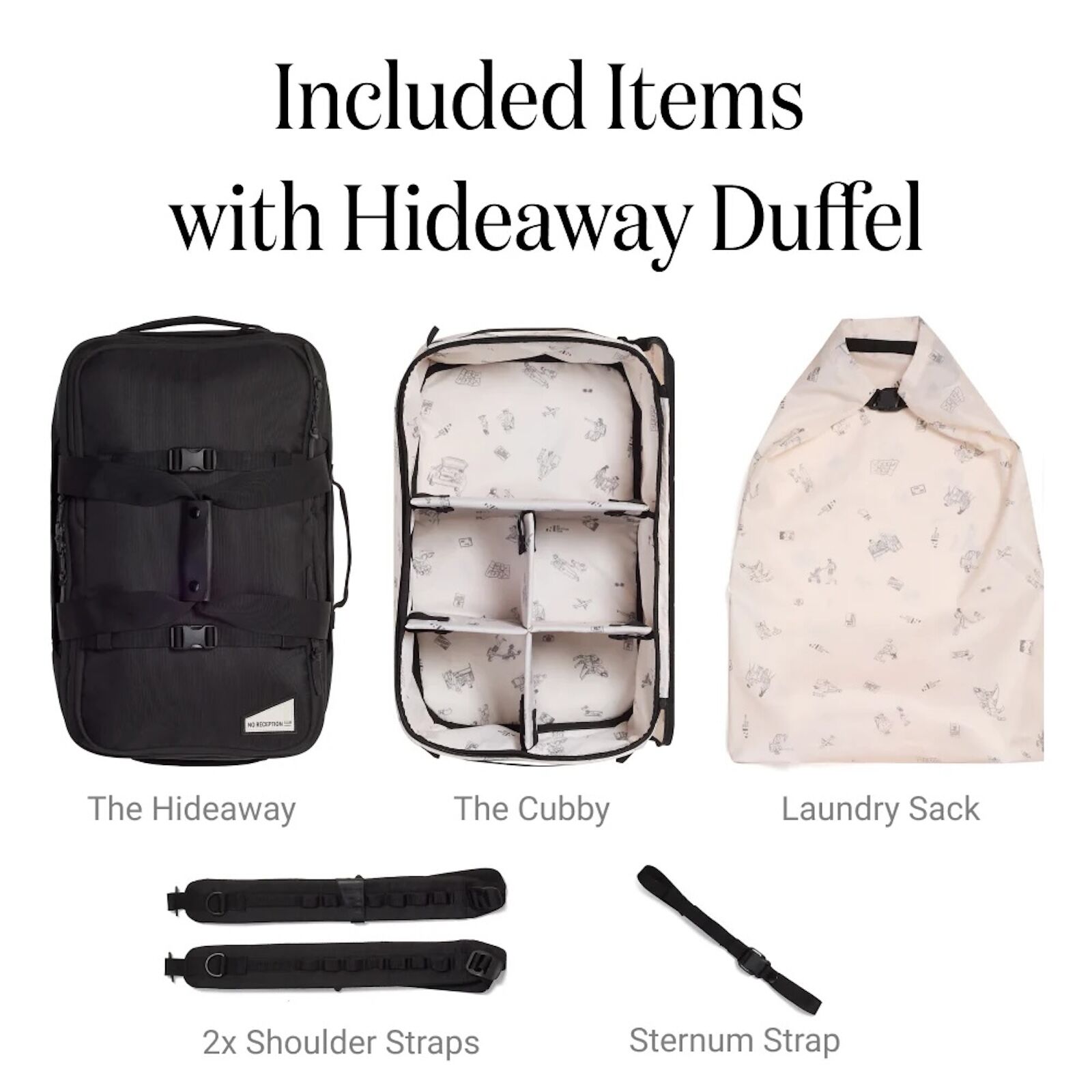 collection of items included in The Hideaway Duffel