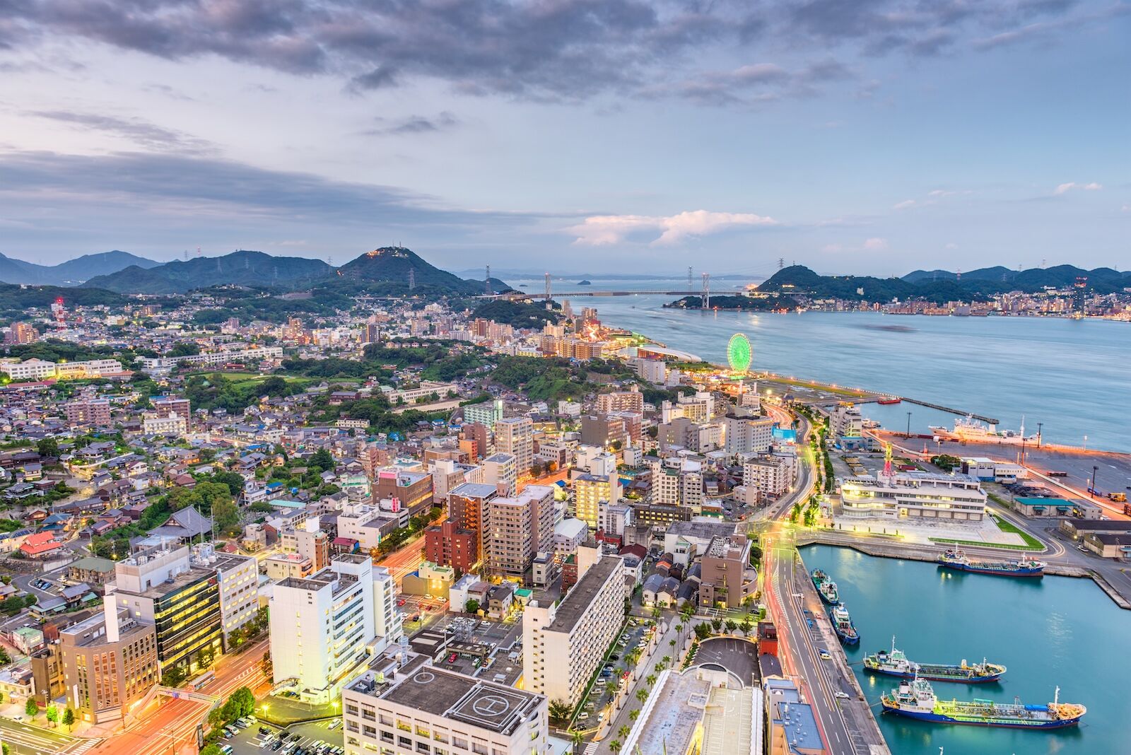 Shimonoseki, Yamaguchi, Japan skyline over the Kanmon Straits.