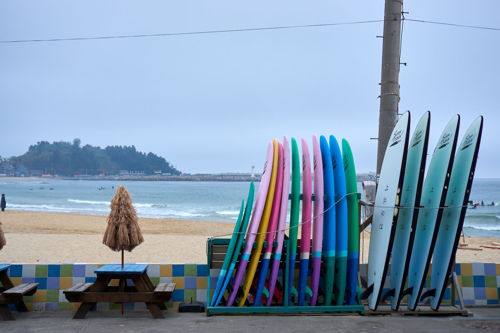 Yangyang, South Korea - Apr 24 2021: Surf boards on the beach