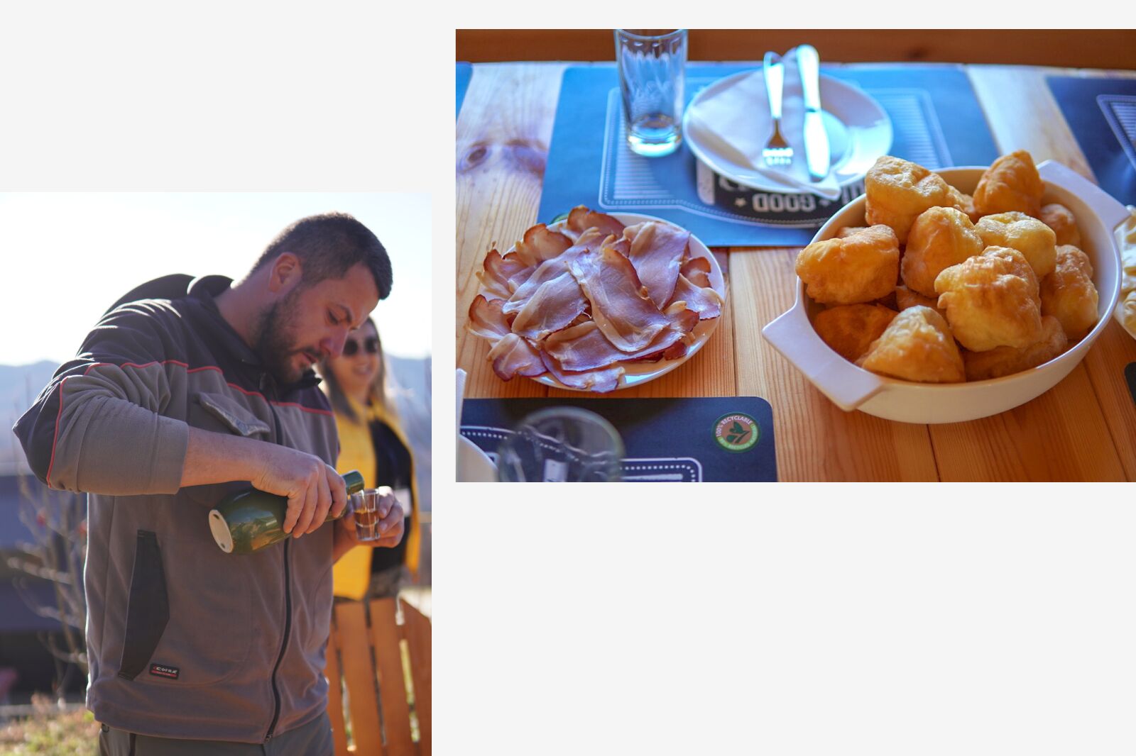 Left, pouring rakija; right, Proscuitto and priganice at Konoba Amanet.