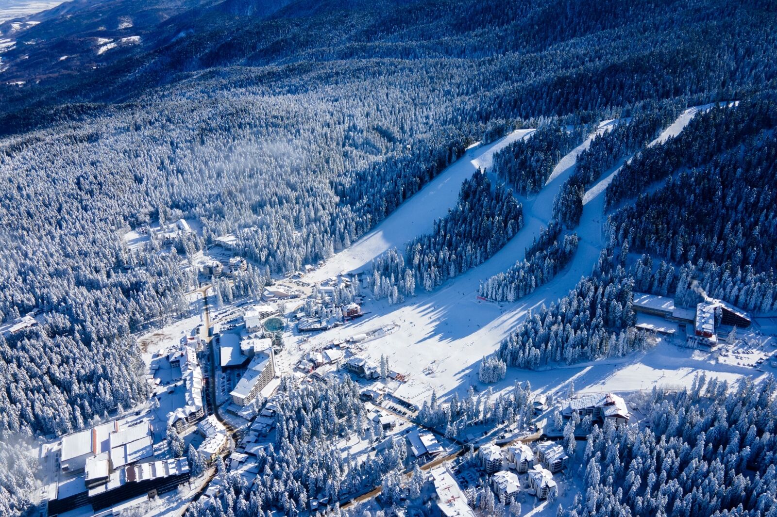 Aerial winter view of Rila Mountain near ski resort of Borovets, Sofia Region, Bulgaria