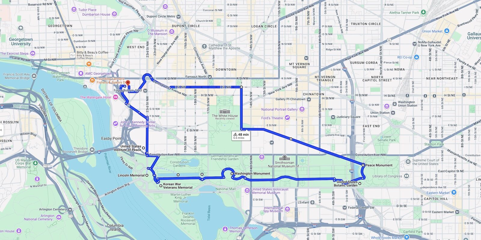 screenshot of Google Maps bike route through Washington, DC