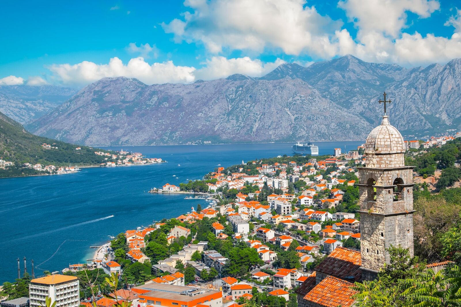 Panoramic landscape with old church in Kotor, Montenegro.