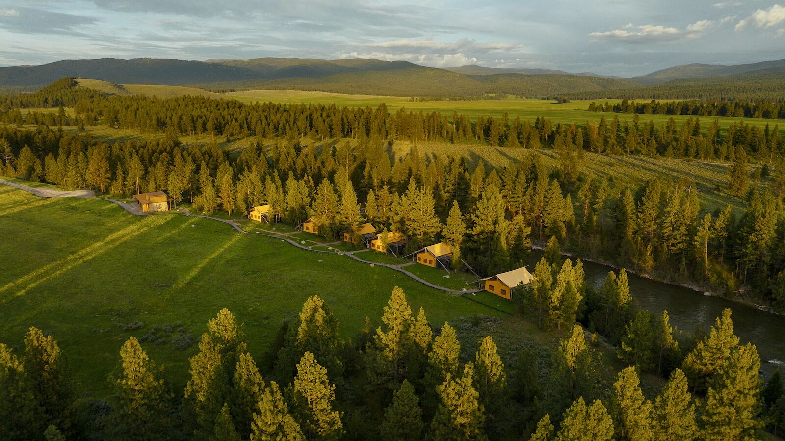 aerial of meadow homes at the resort at paws up montana