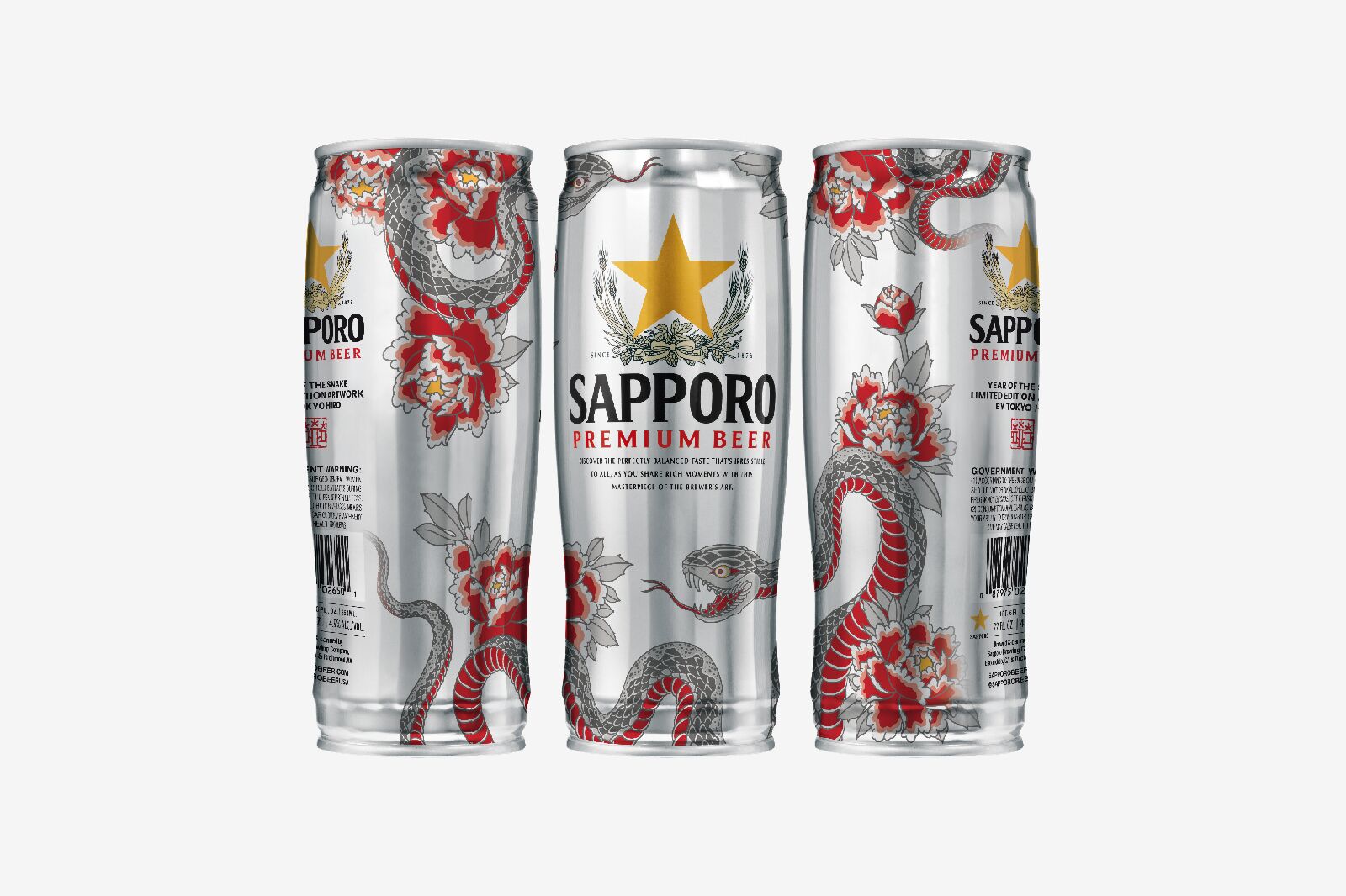 For the year of the snake in 2025, Sapporo tapped tattoo artist Tokyo Hiro for the design. The open- and closed-mouth snakes symbolize the year ending and the beginning of another, and peonies represent good luck. Photo: Sapporo