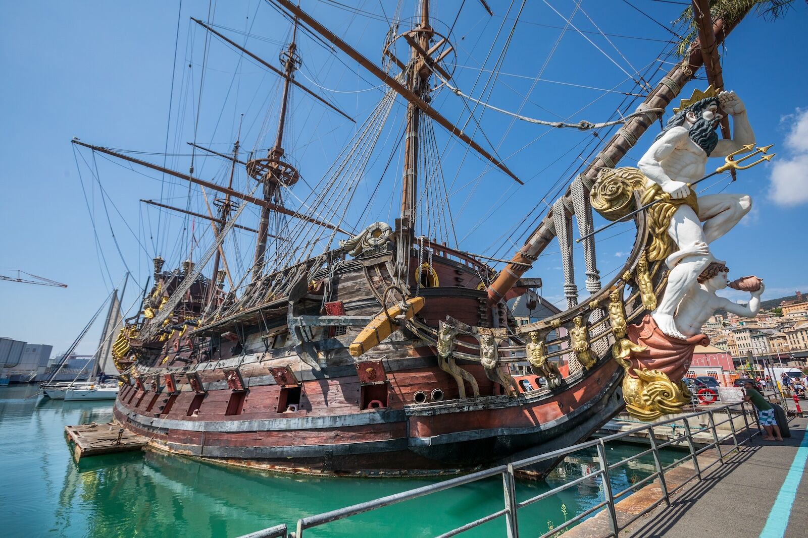 Walking tour of Genoa: Porto Antico in Genoa where the Neptune, a galleon replica, is moored.