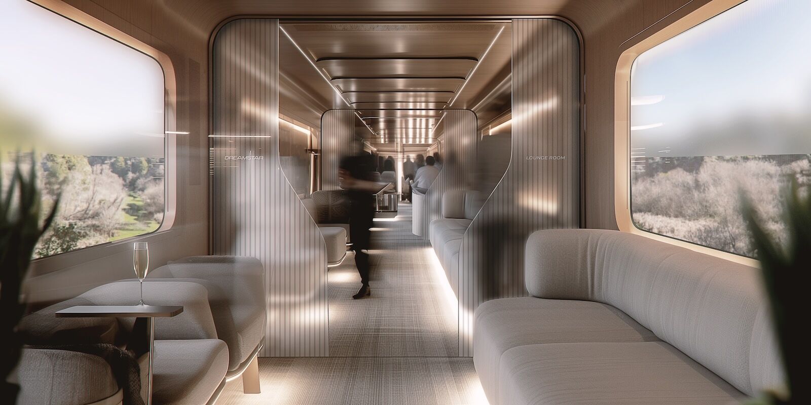 Rendering of the lounge on board Dreamstar Lines.