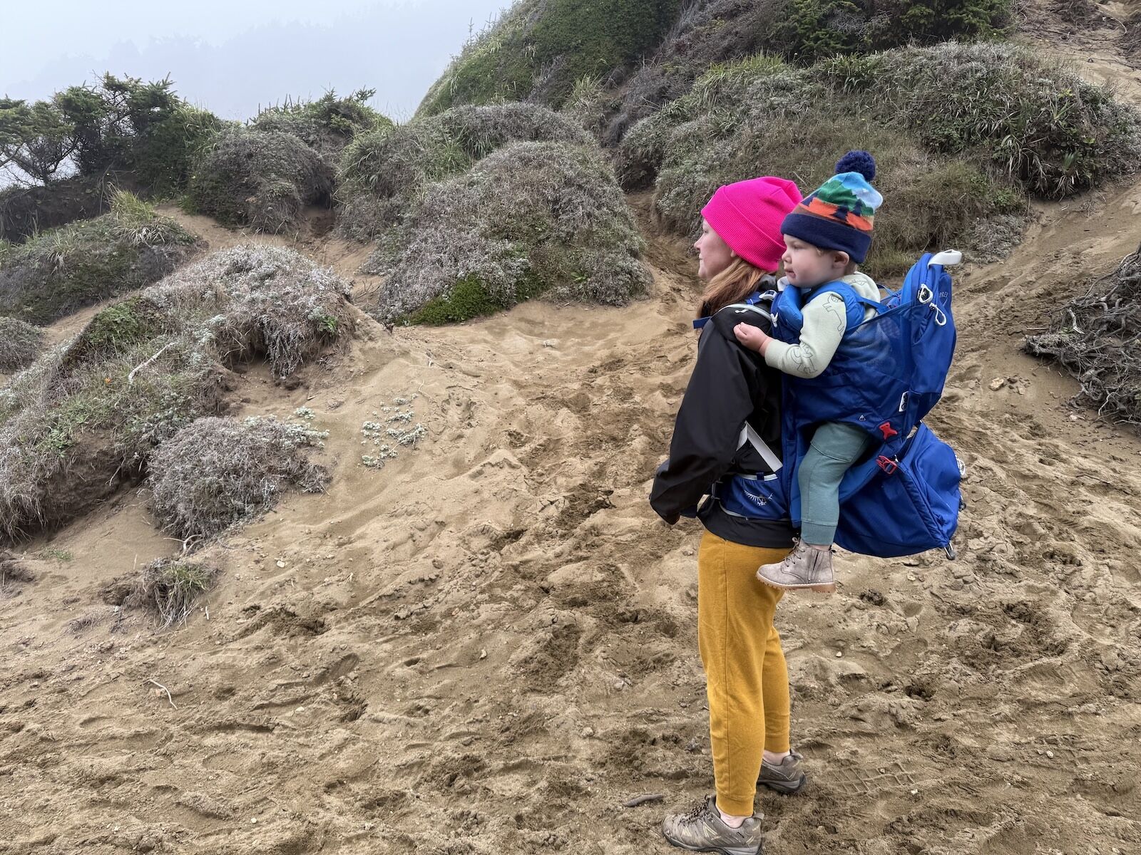 mother wearing fjallraven high coast trail jacket with baby in hiking backpack