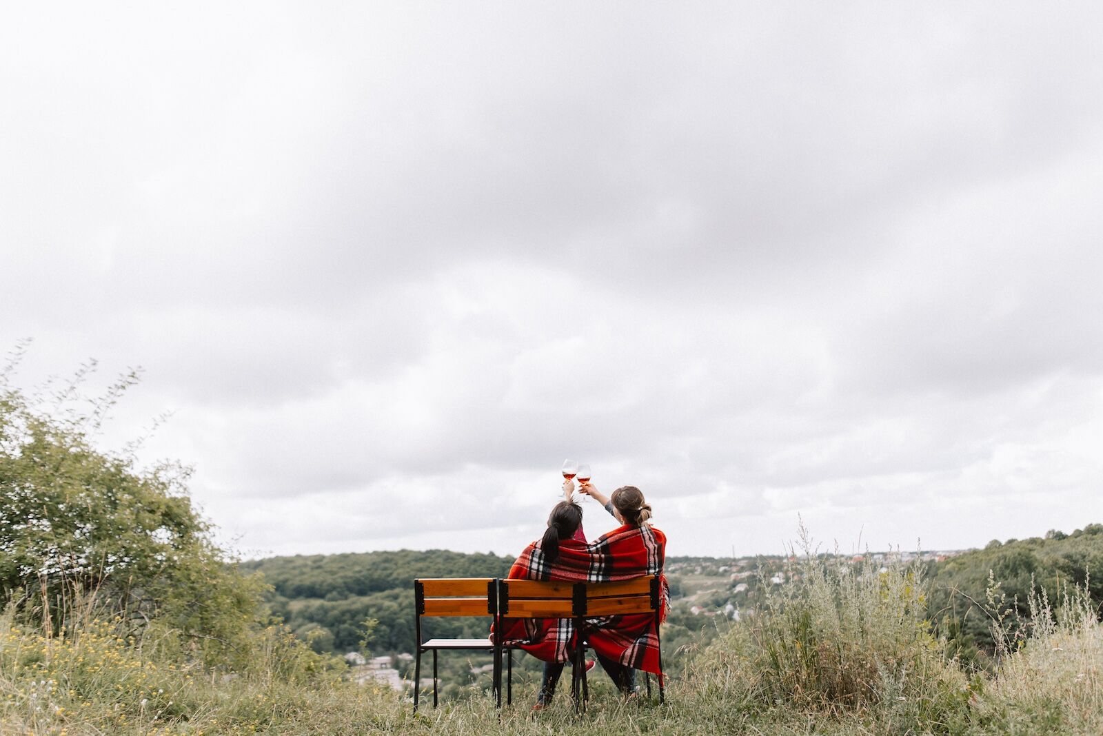 couple drinking wine in mountains