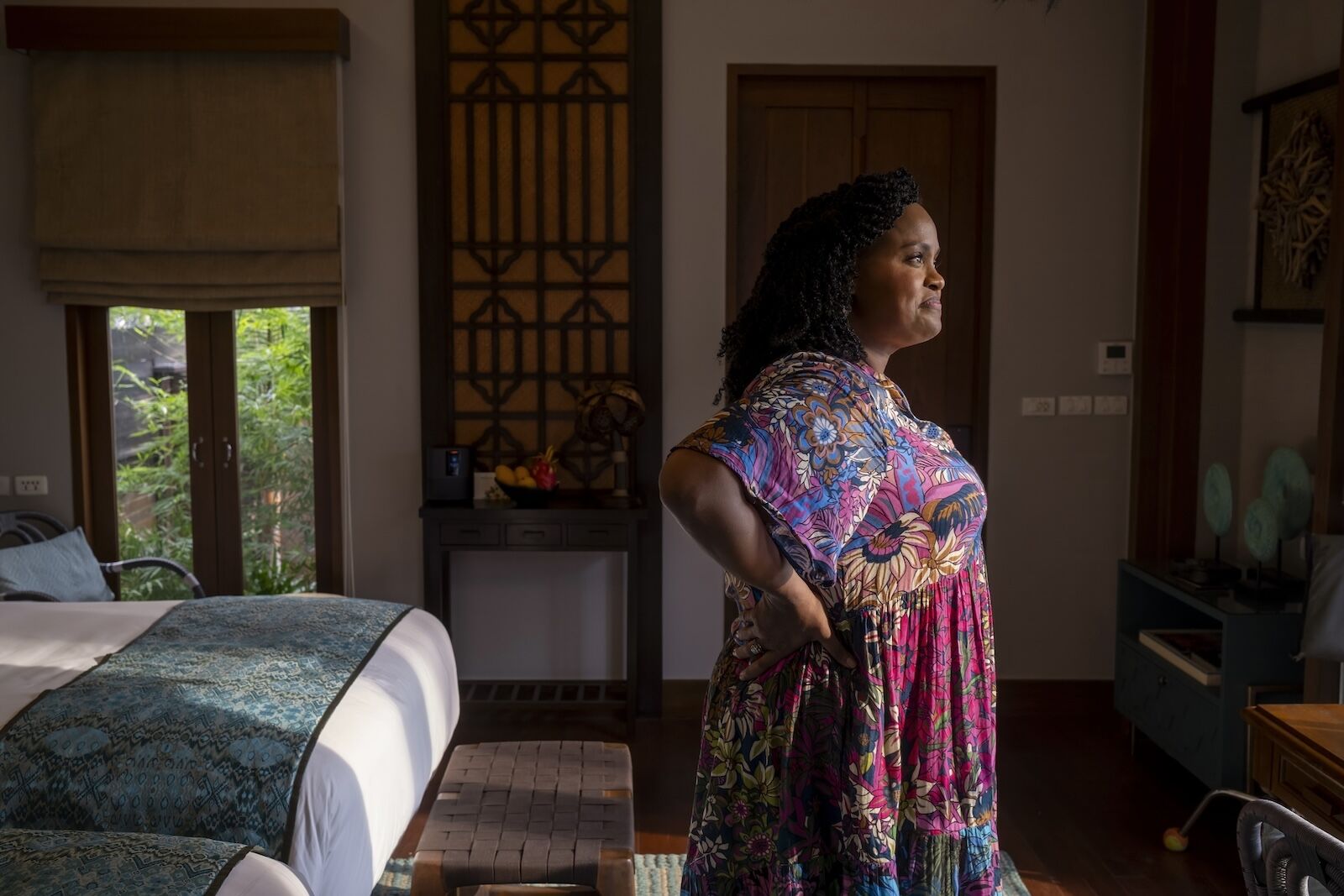 Actor Natasha Rothwell in her room at the fictional White Lotus Thailand.