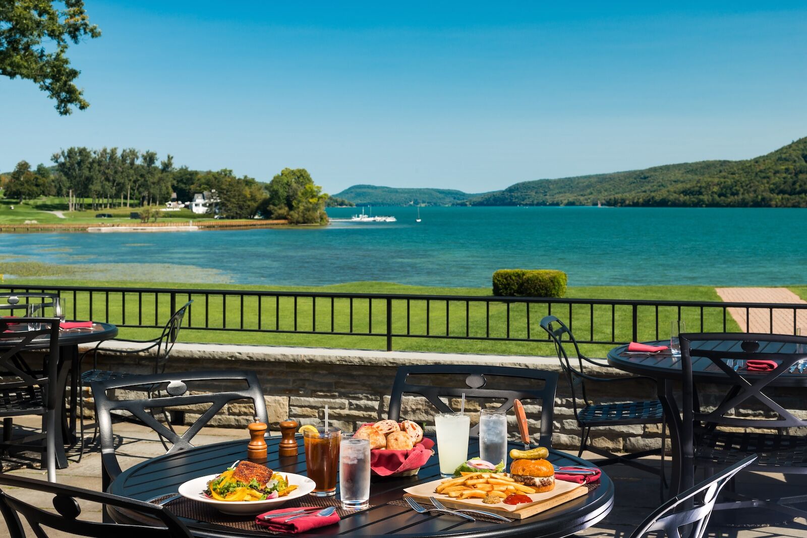 restaurant patio overlooking lake