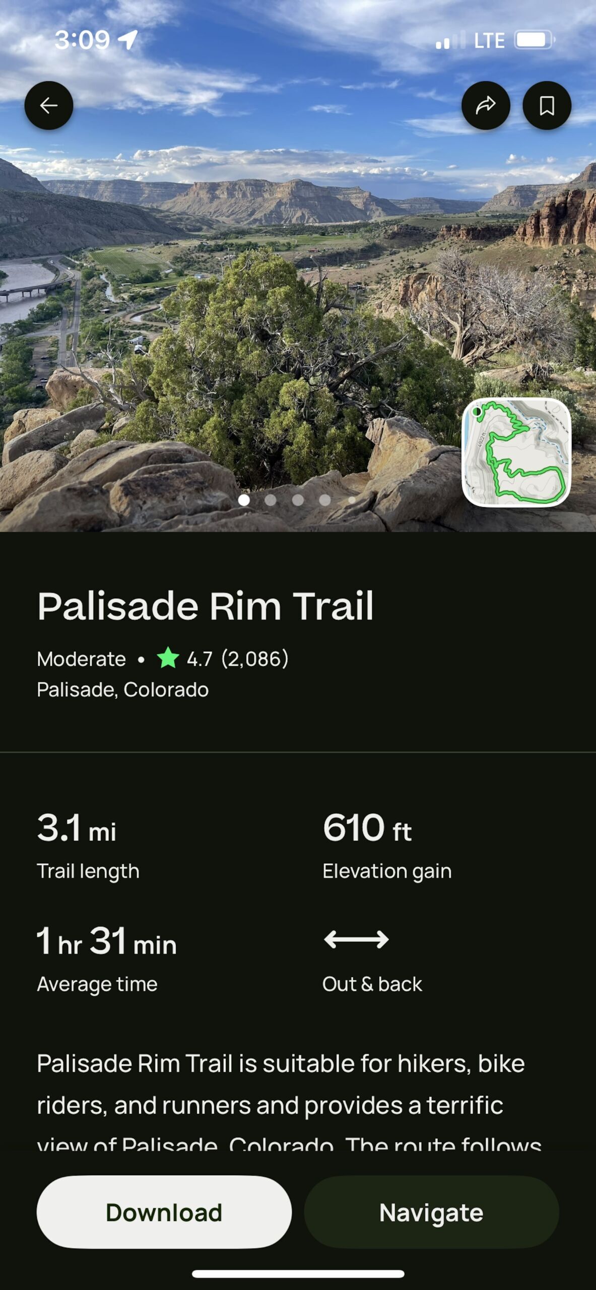 alltrails trail screen for palisade rim trail