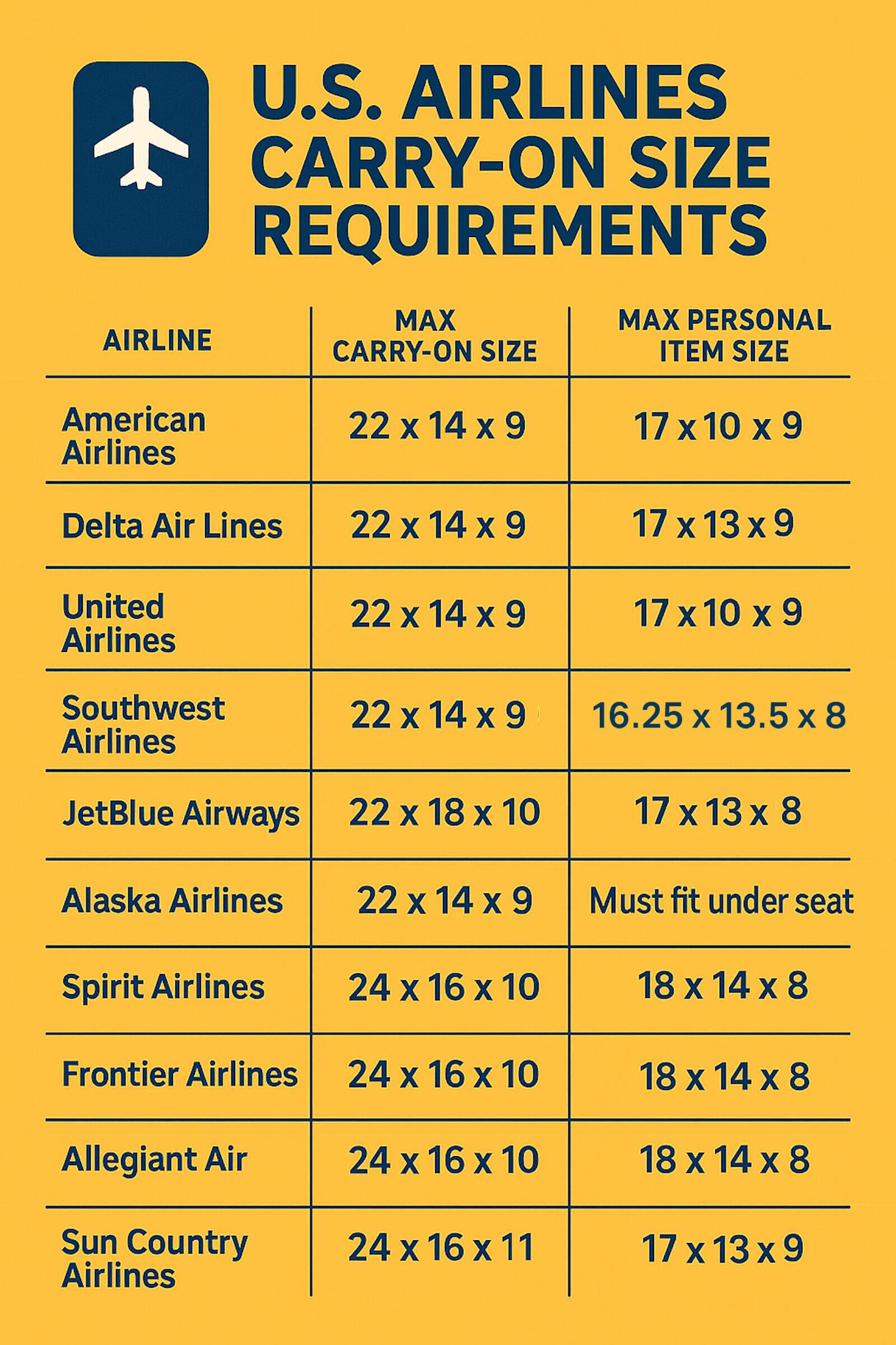 infographic of US airline carry-on sizing requirements