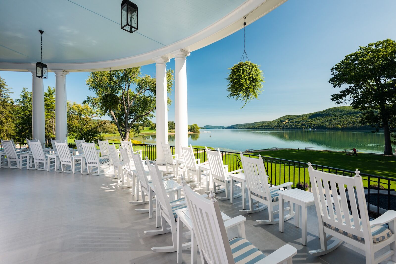 veranda overlooking lake at the otesaga resort hotel