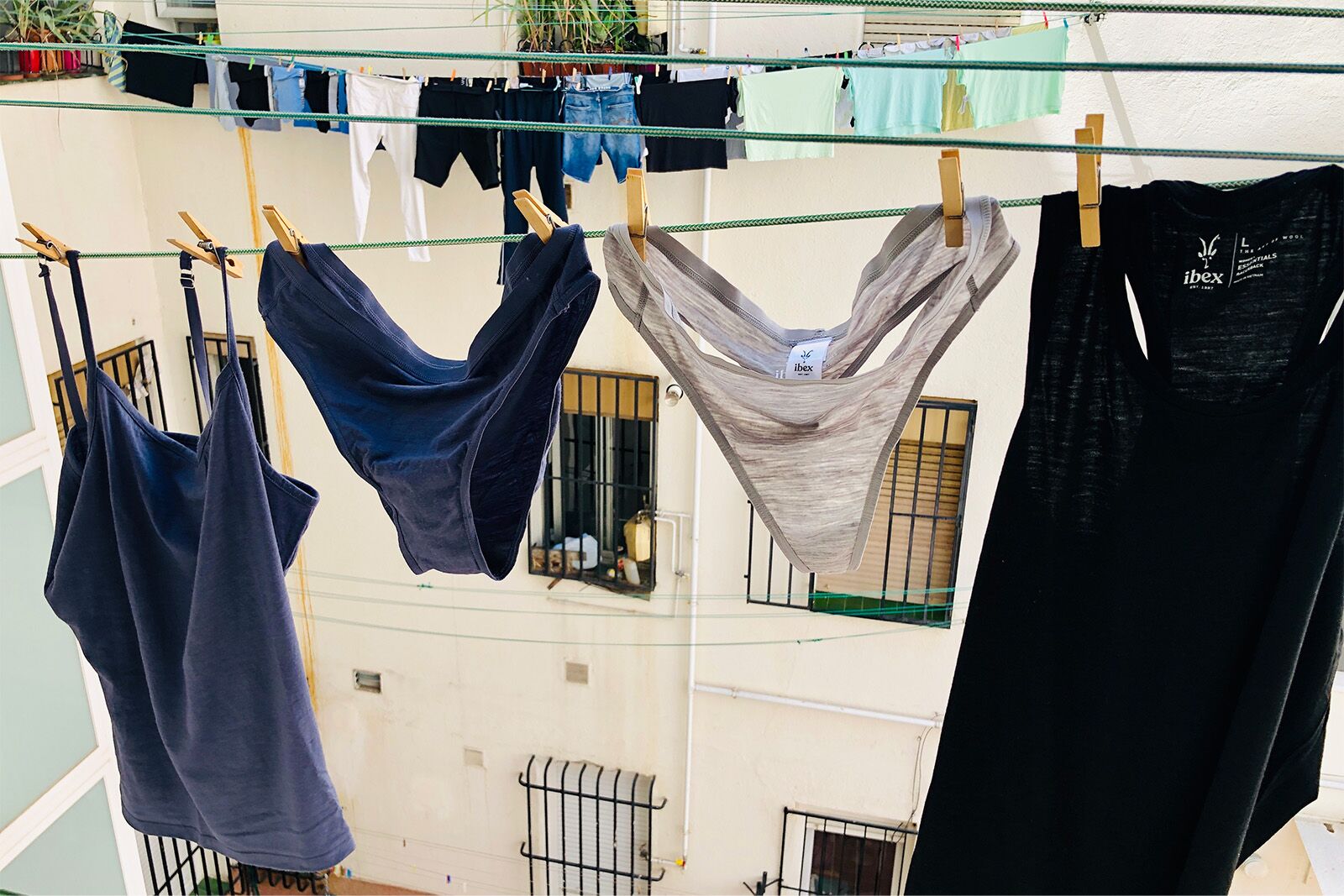 ibex merino wool underwear hanging on clothes line