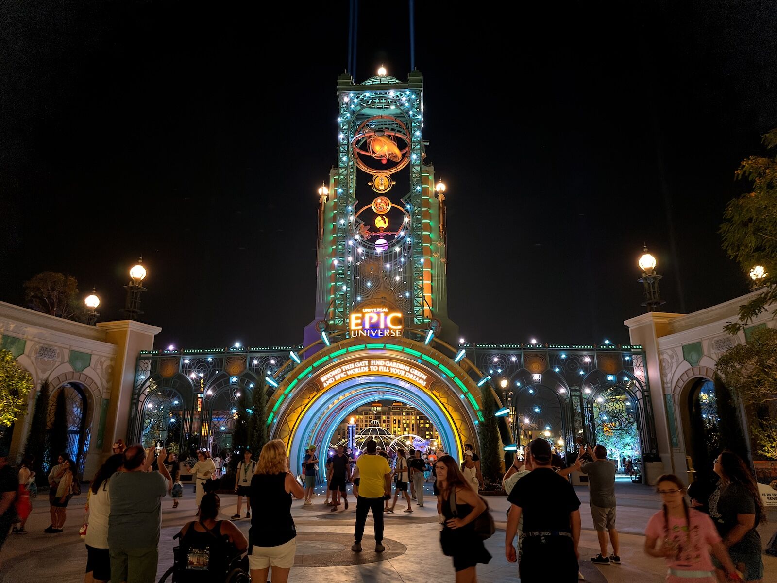 entrance to universal epic universe at night