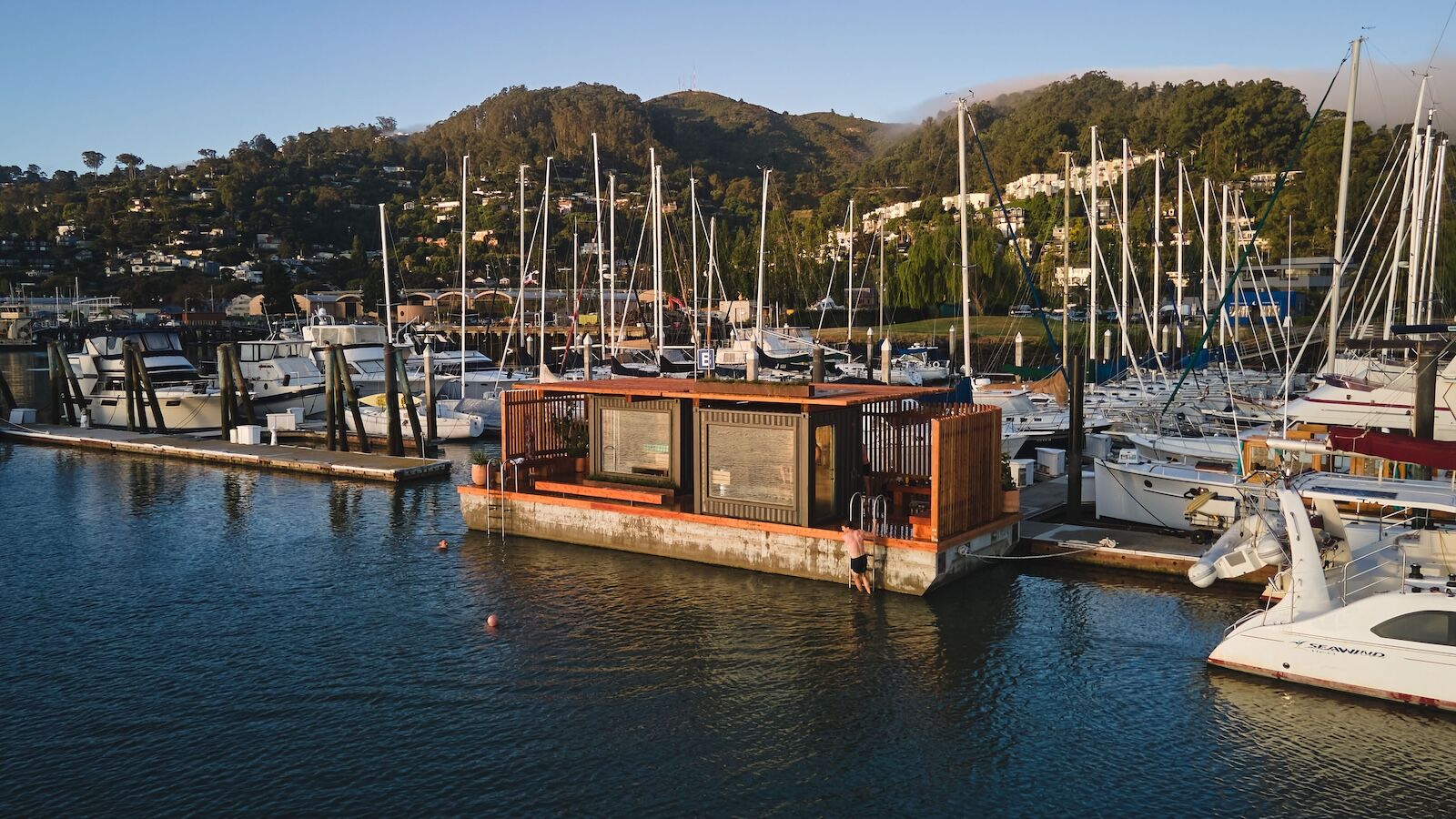 fjord floating sauna in sausalito california, near san francisco