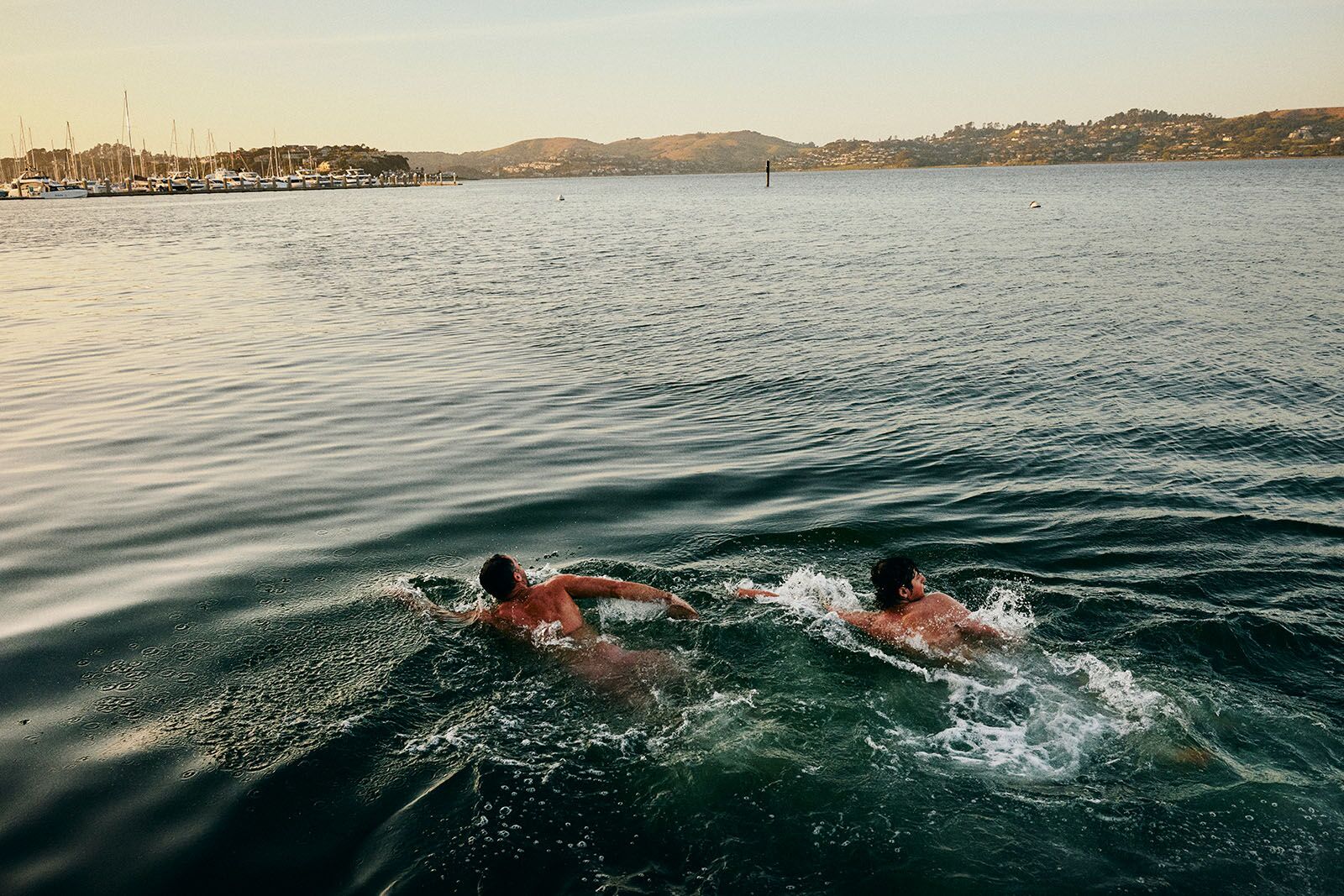 fjord floating sauna in sausalito california, near san francisco. swimming in the bay.