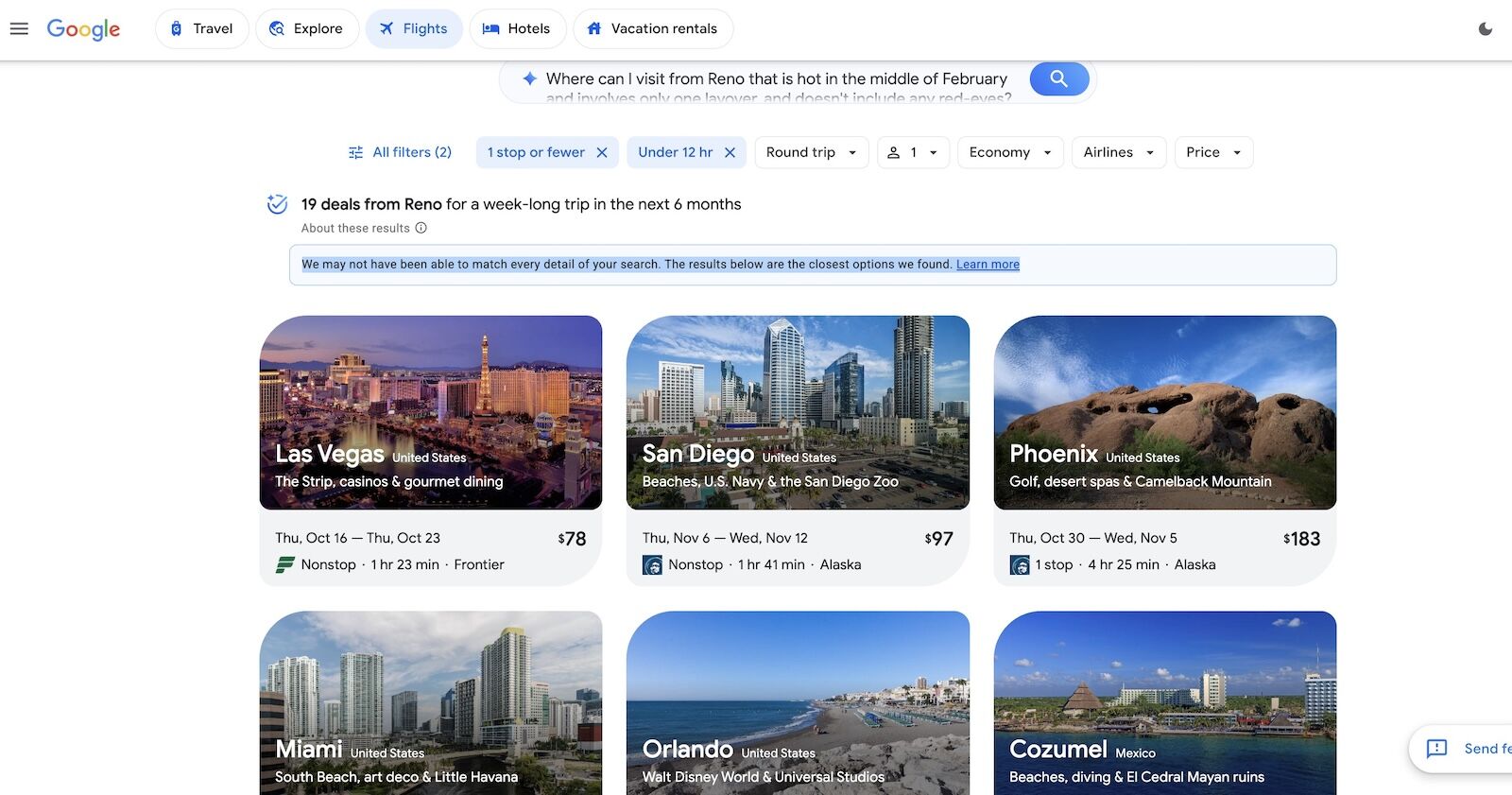 Google flight deals screenshot of results