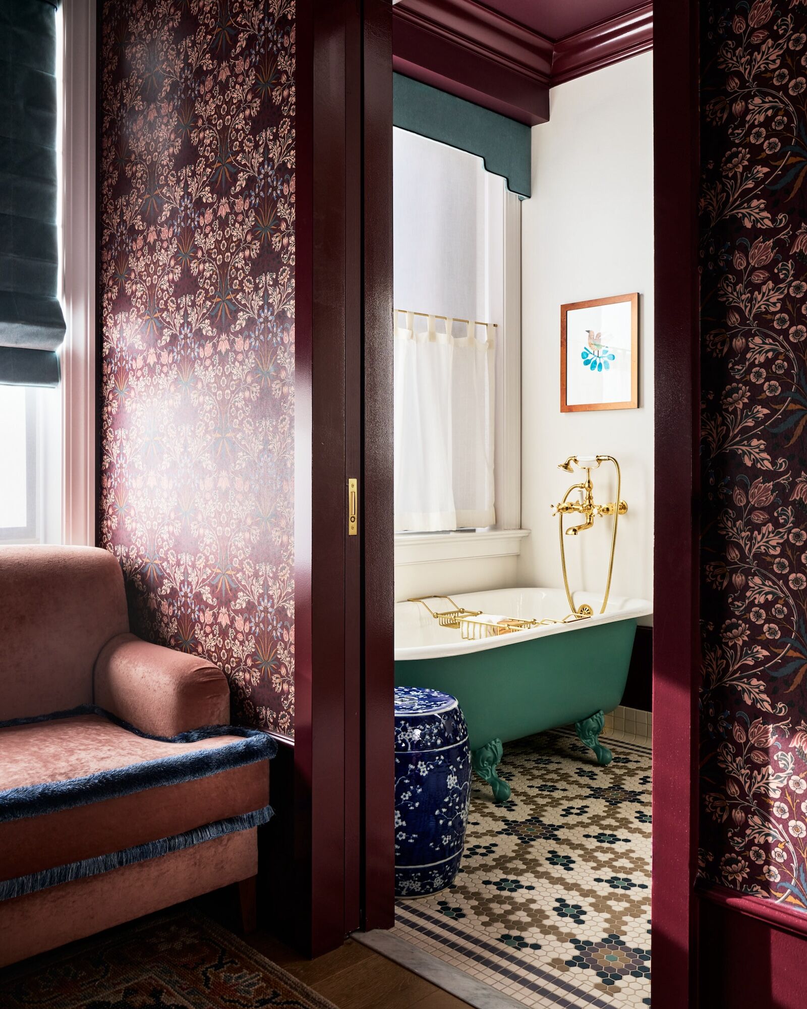 bathtub and interior of room at fidelity. hotel