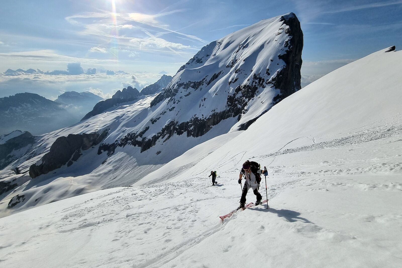 ski touring in the mountains