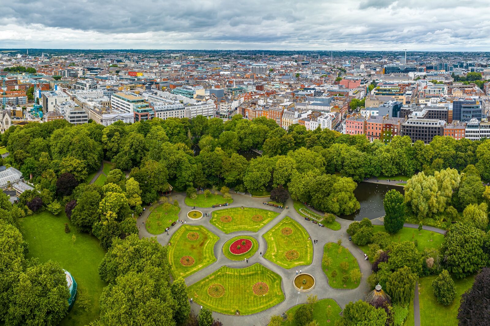 Aerial view of St Stephen's Green Park, a historical park and garden, located in the centre of Dublin city